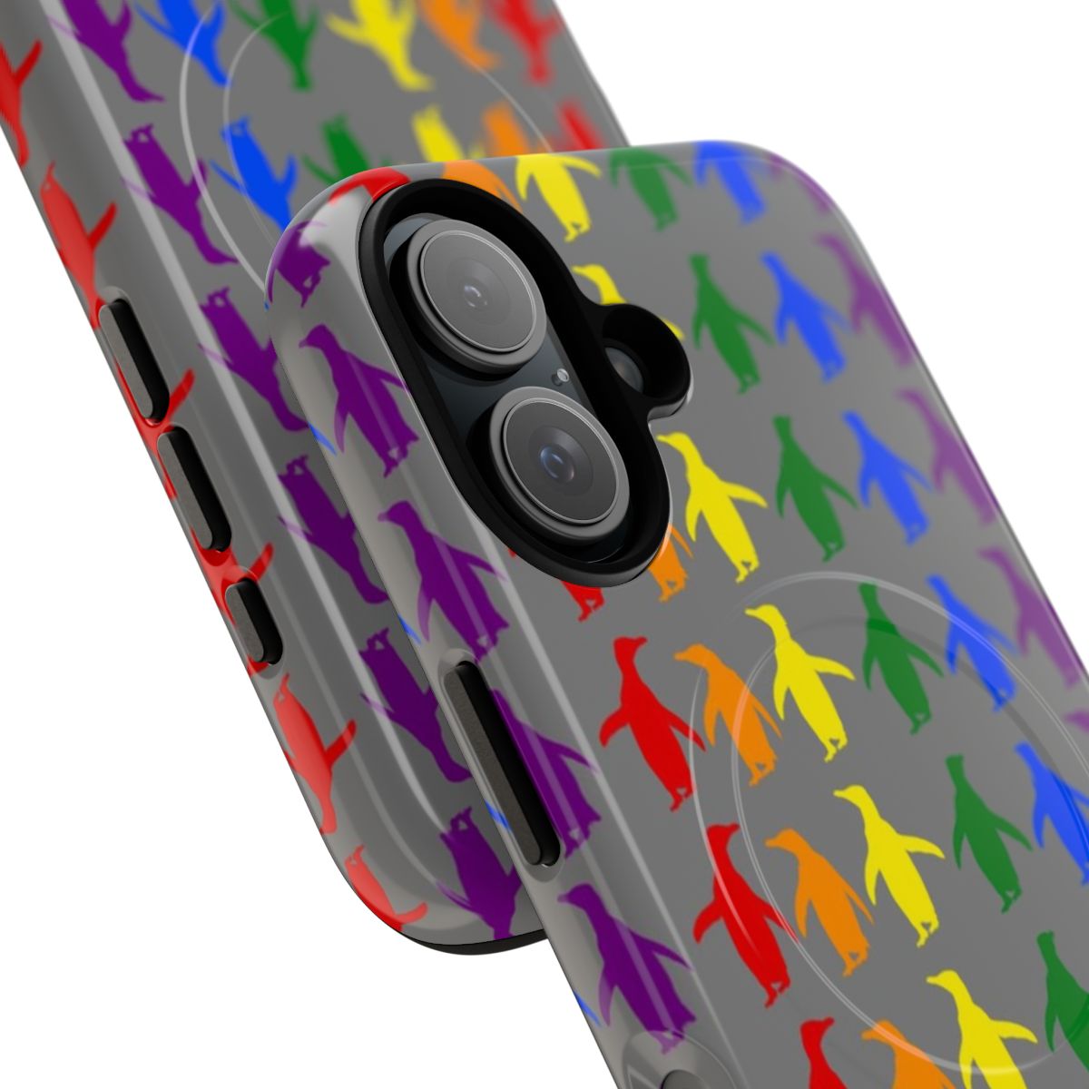 Grey phone case with a background of colorful LGBTQ+ pride penguins - Detail