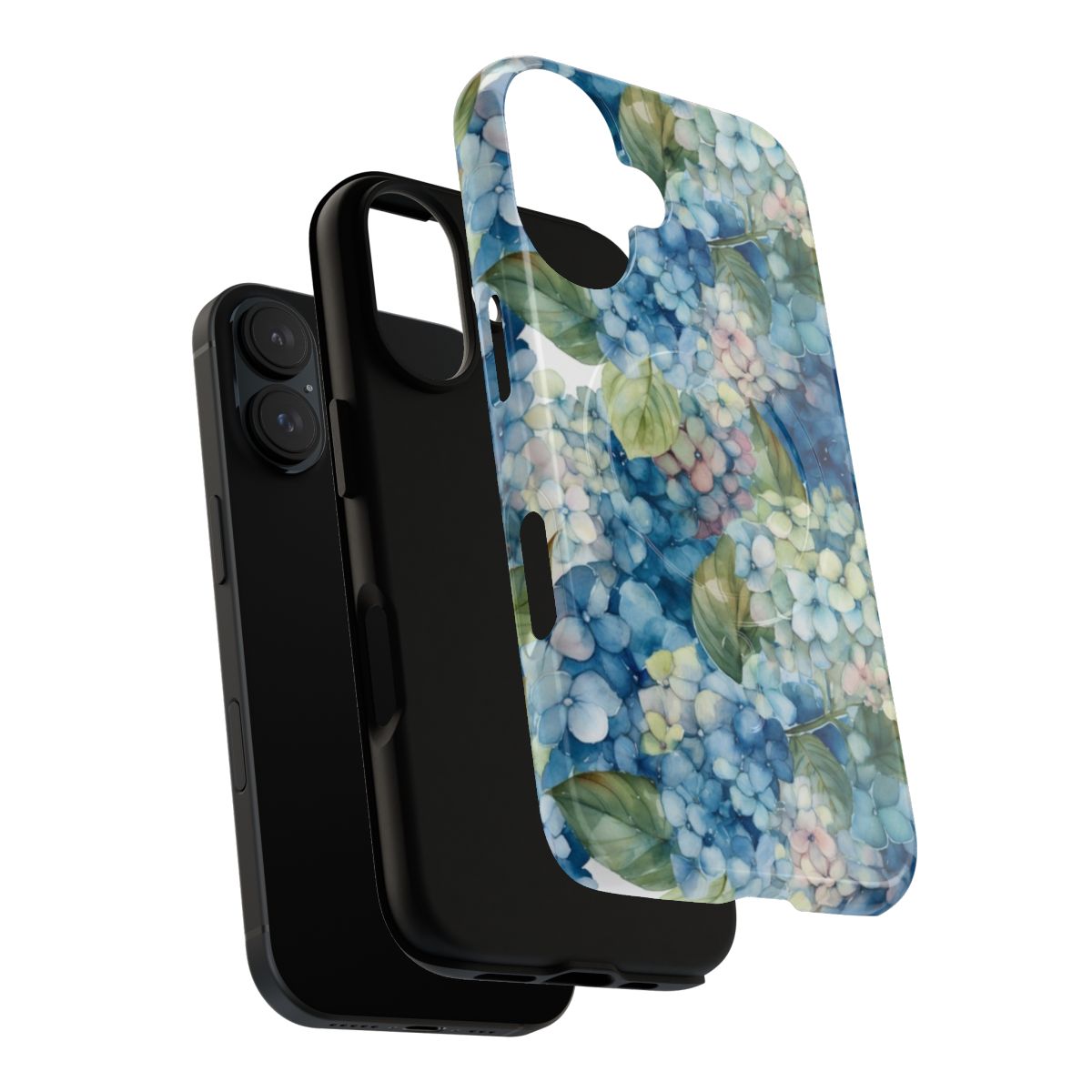 Vibrant watercolor painting of blue and purple hydrangea flowers on a protective phone case - Layers