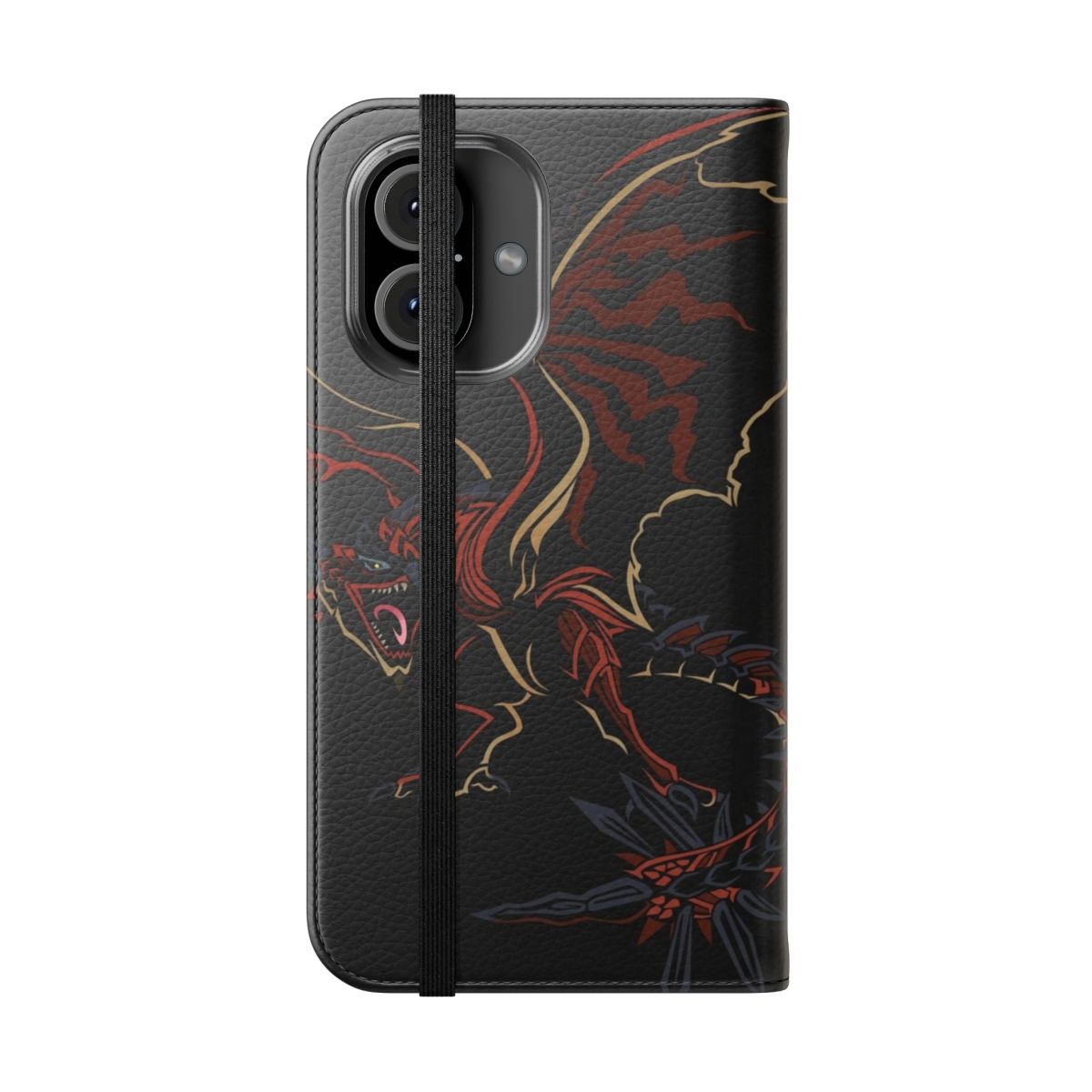 Detailed Rathalos-inspired fantasy flip cover phone case for Monster Hunter World fans - Folded Front