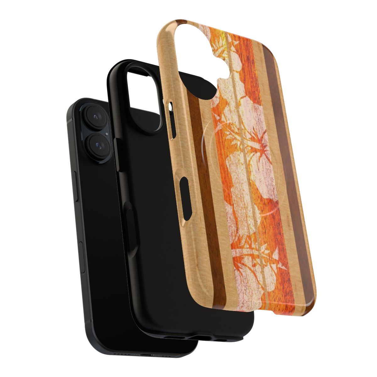 Orange faux wood surfboard-inspired phone case with tropical design - Layers