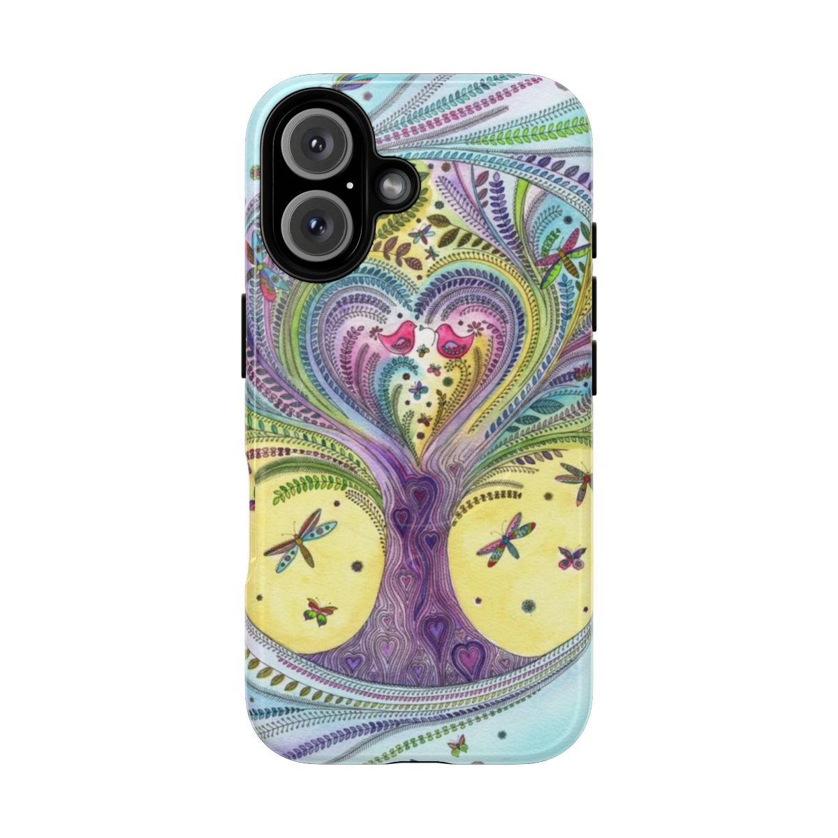 Boho watercolor tree of life design phone case with nature inspired imagery of birds, butterflies, and hearts