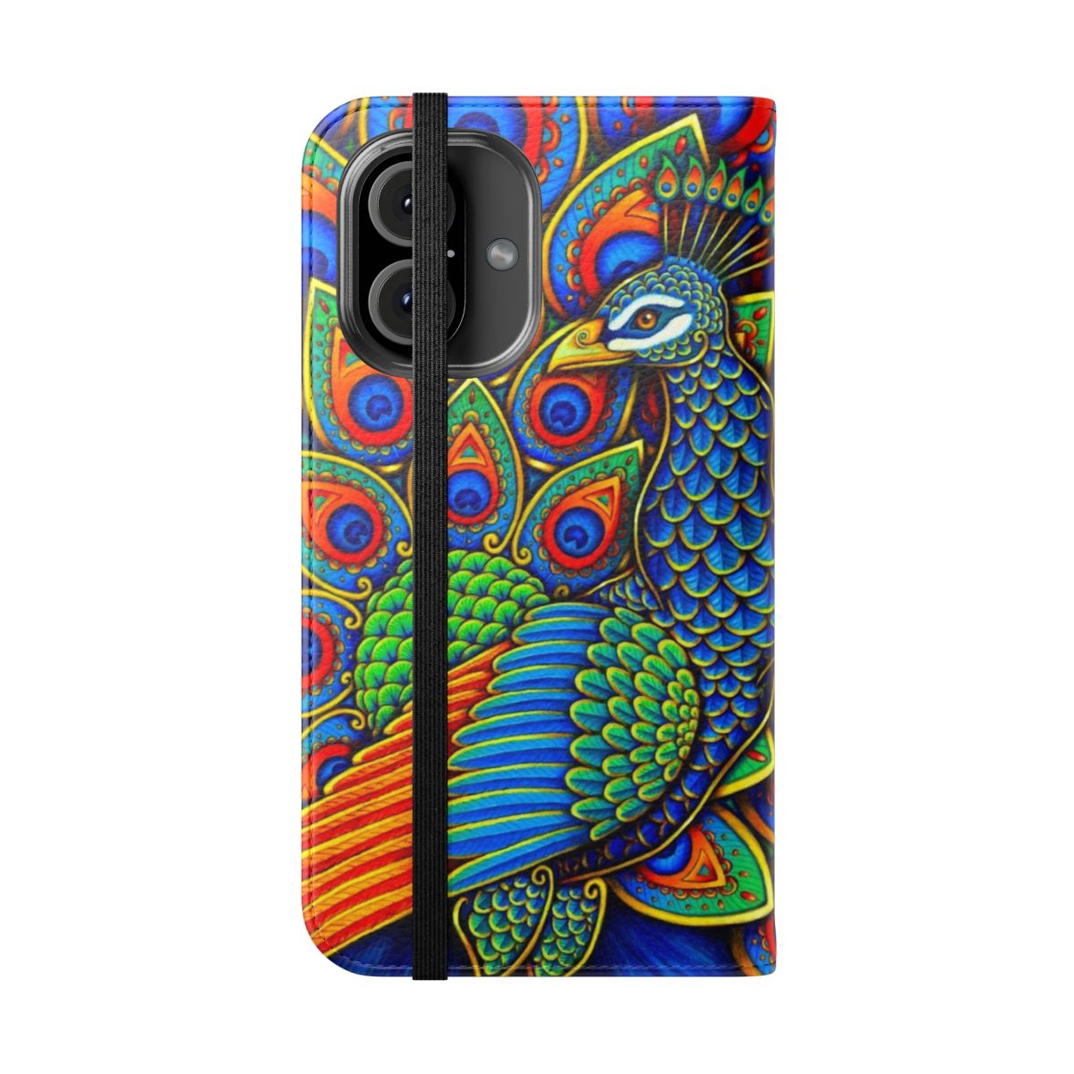 Colorful phone case with a stylized paisley peacock design in shades of blue, green, pink, and purple. - Folded Front