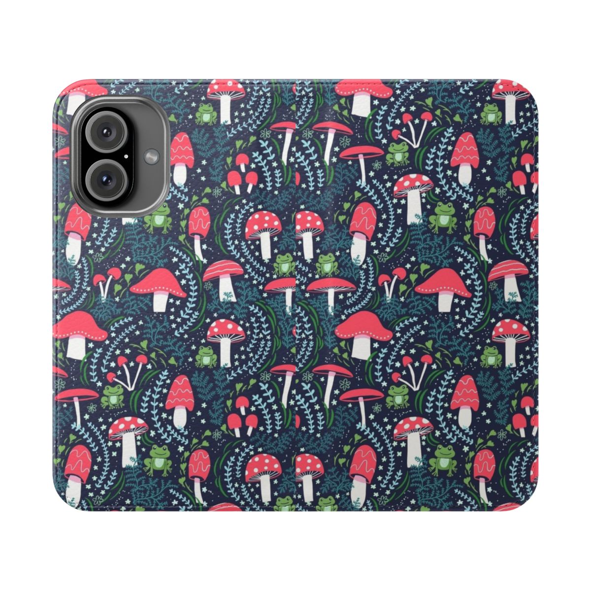 Illustration of mushrooms, toadstools, and frogs on a flip cover phone case