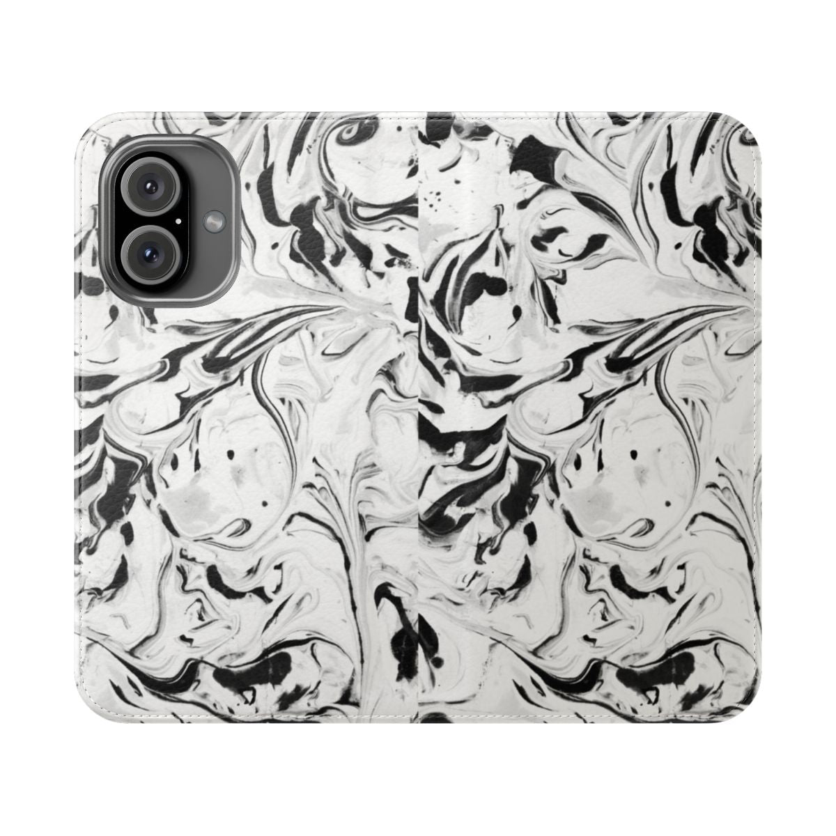 Stylish black and white marble pattern design on a minimalist phone case