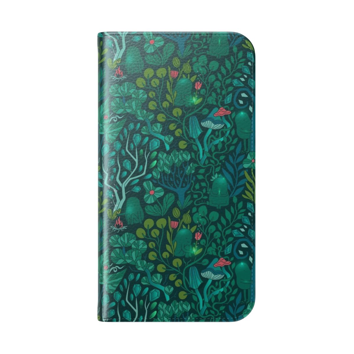 Emerald Forest Botanical Phone Case Cover with Fairy Woodland Creatures and Mushrooms - Folded Back