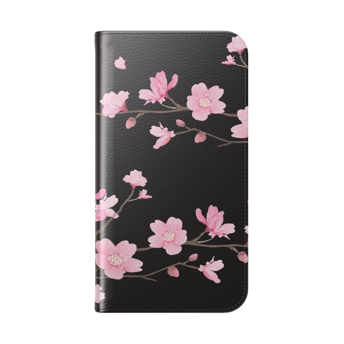 Black flip cover phone case featuring a vibrant cherry blossom floral design - Folded Back