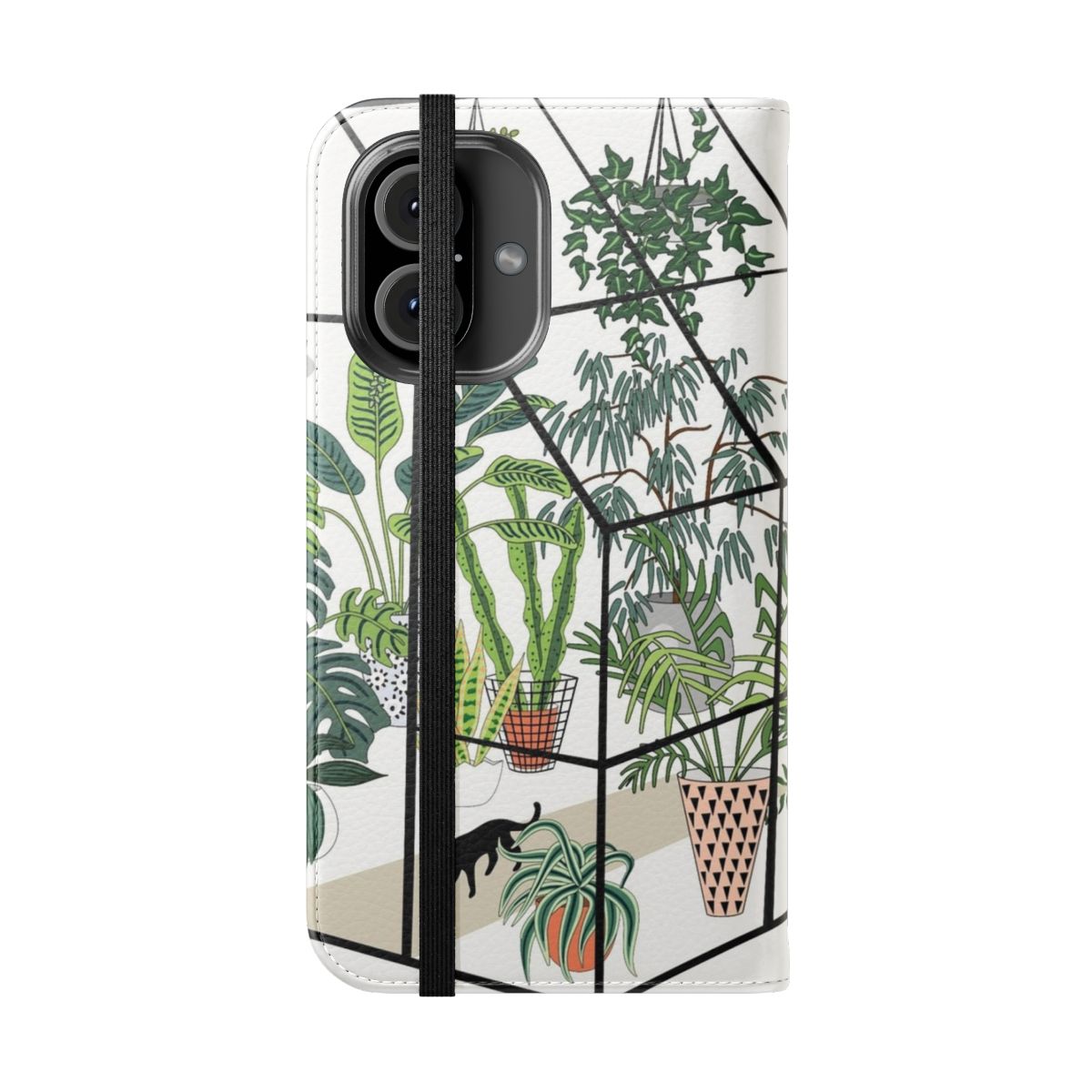 Vibrant phone case featuring a greenhouse-like illustration with various plants and greenery. - Folded Front