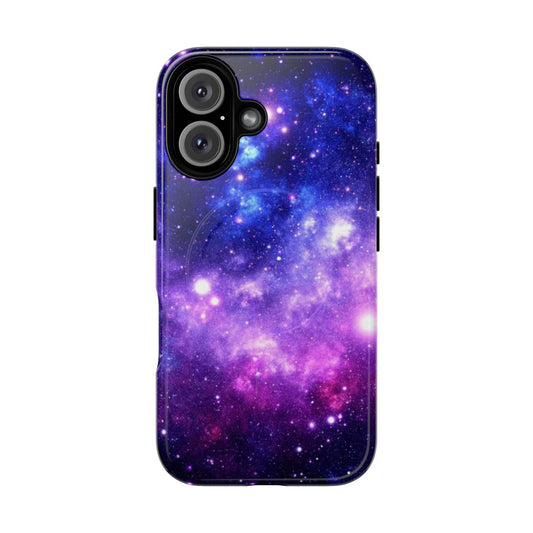 Purple and blue galaxy nebula design on a tough phone case