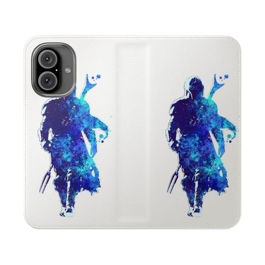 Silhouette blue paint spatter phone case with Mandalorian-inspired design