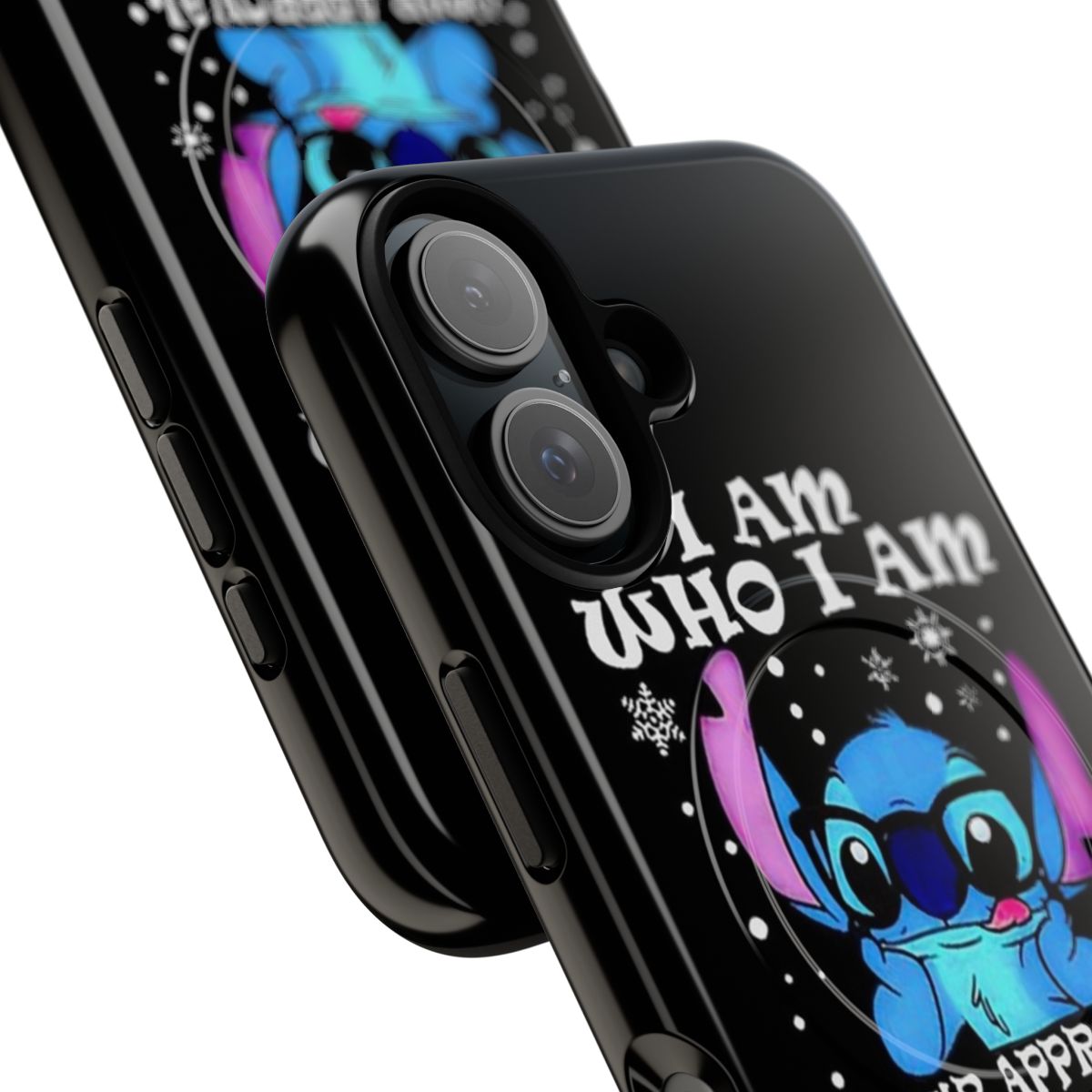 Stitch-themed phone case with a humorous "I Am Who I Am" design - Detail