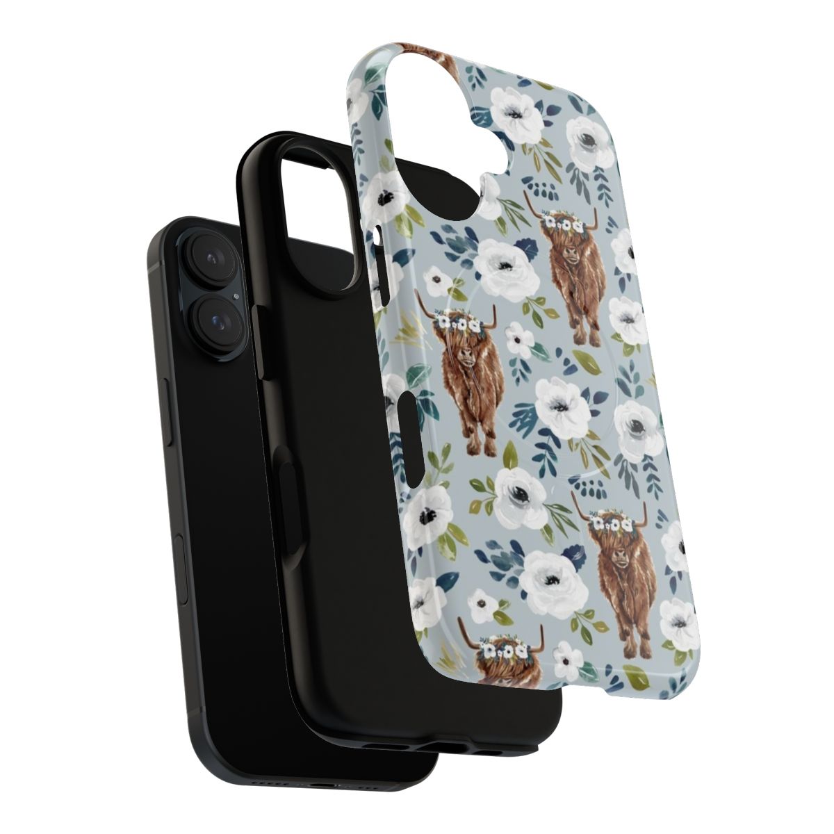 Vibrant floral crown adorning a highland cow, printed on a durable magnetic phone case - Layers