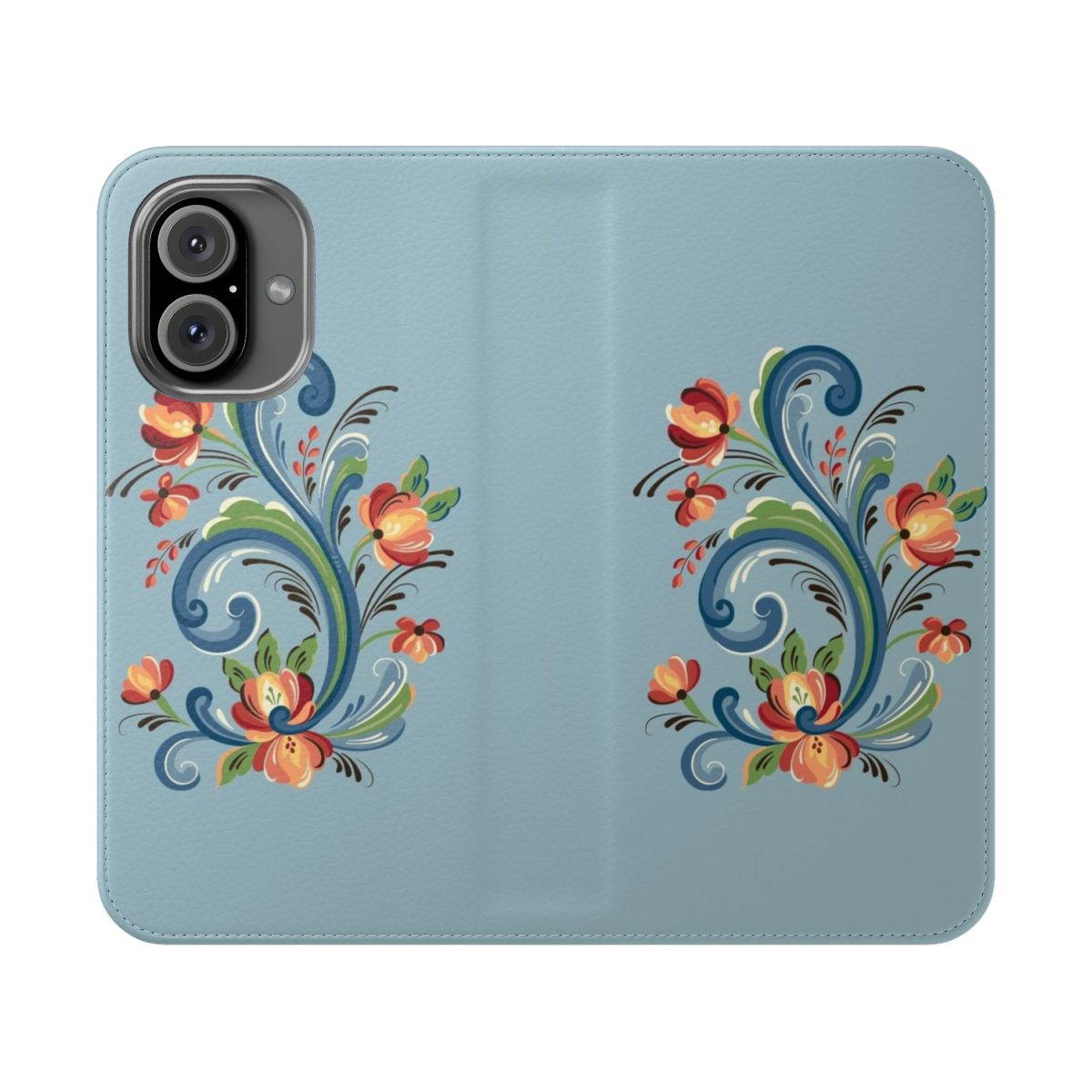 Handcrafted phone case featuring traditional Norwegian rosemaling folk art design