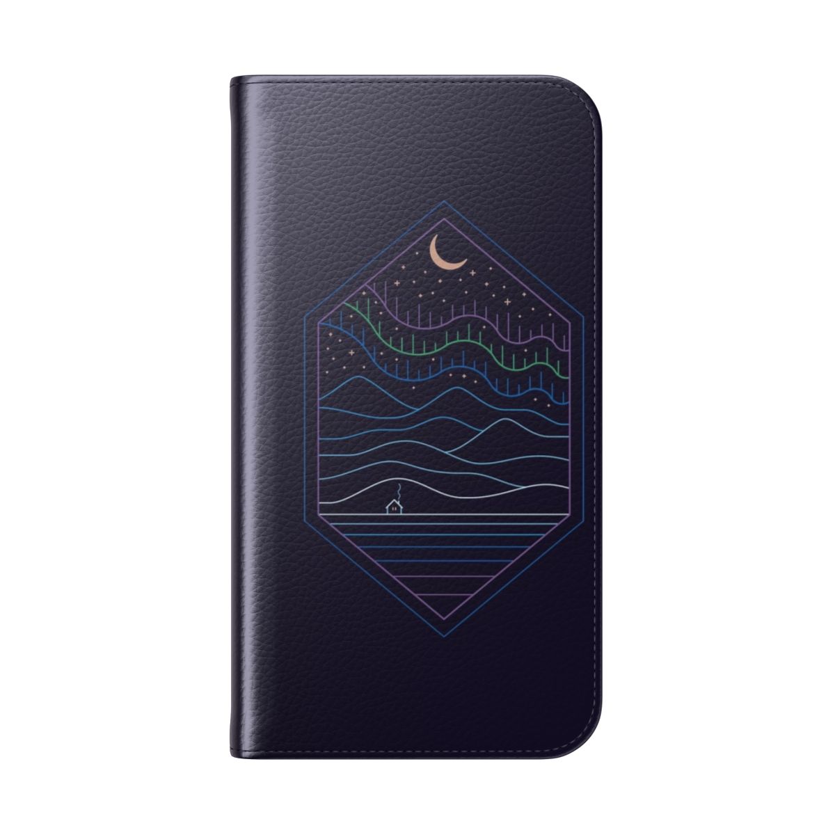 Northern lights, crescent moon, and snowy mountain scene printed on a flip phone case - Folded Back