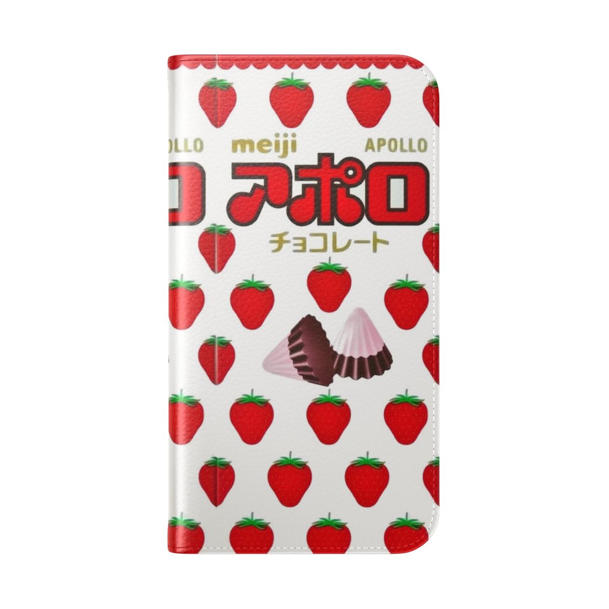 Vibrant strawberry chocolate themed flip cover phone case with cute, colorful anime-inspired design. - Folded Back