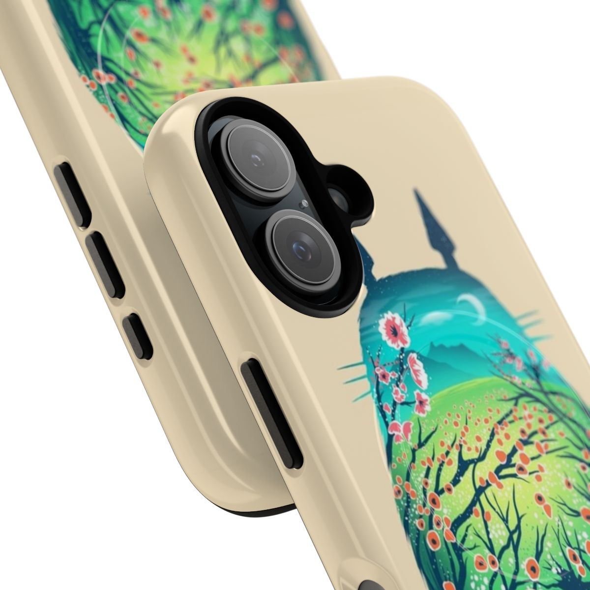 Magnetic phone case with a fantastical, anime-inspired neighborhood scene featuring nature elements. - Detail