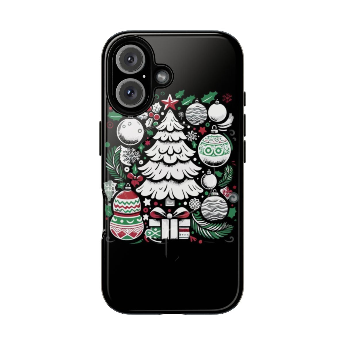 Magnetic phone case featuring a colorful Christmas tree with ornaments design