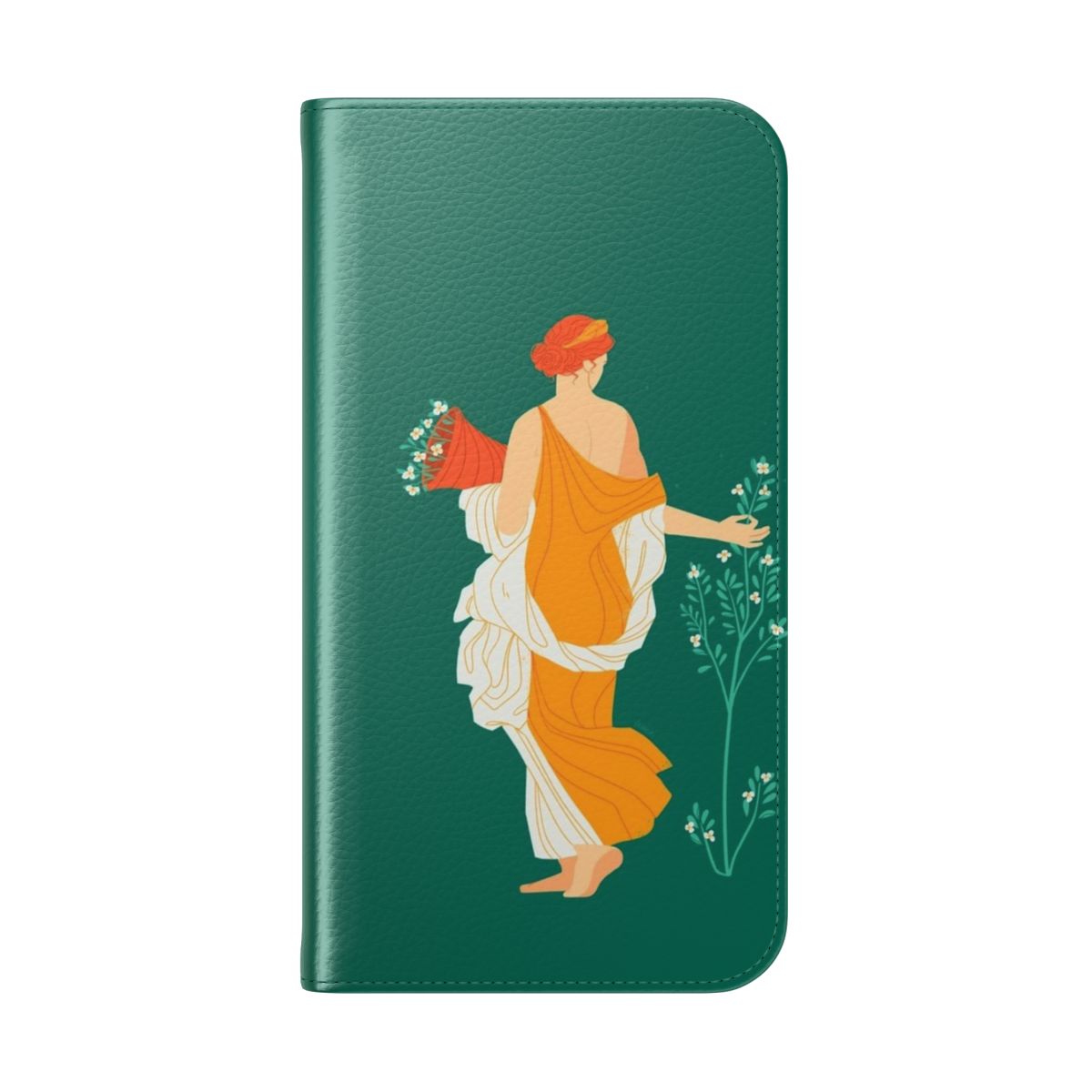 Flip cover phone case featuring a botanical design inspired by ancient Roman art and history. - Folded Back