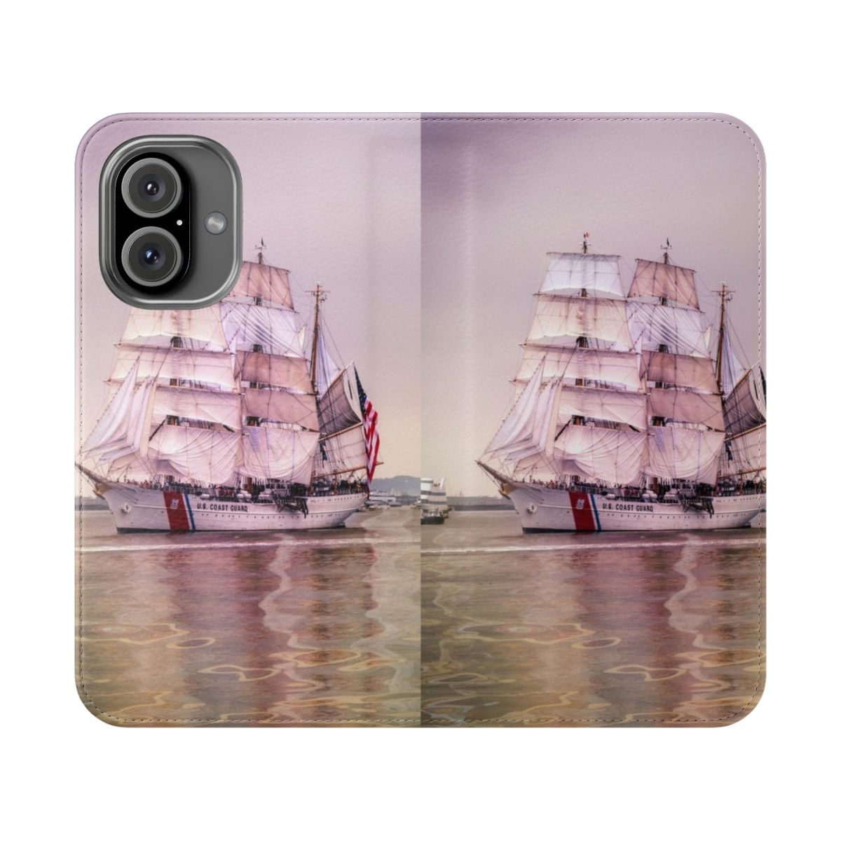 Tall ships sailing in Boston harbor with USCG insignia on phone case