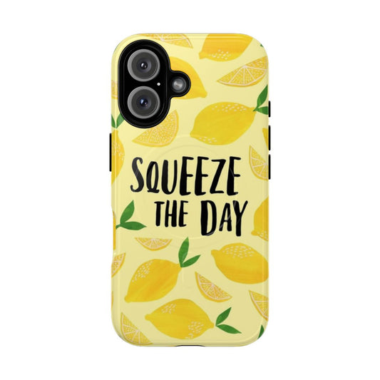 Magnetic tough phone case with a "Squeeze the Day" lemon design, featuring a motivational and punny print.