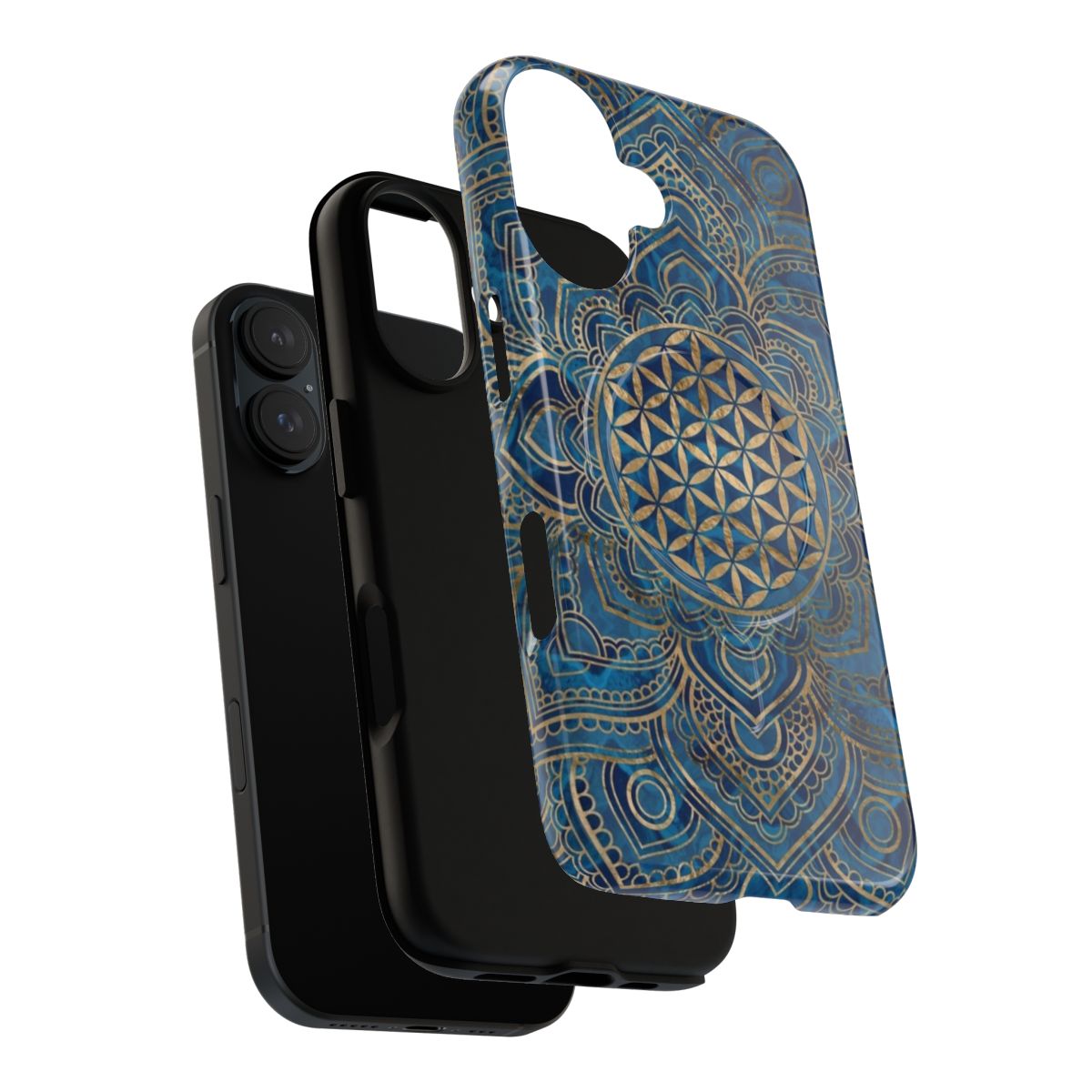 Blue marble and gold Flower of Life mandala phone case, featuring sacred geometry and a lotus symbol. - Layers