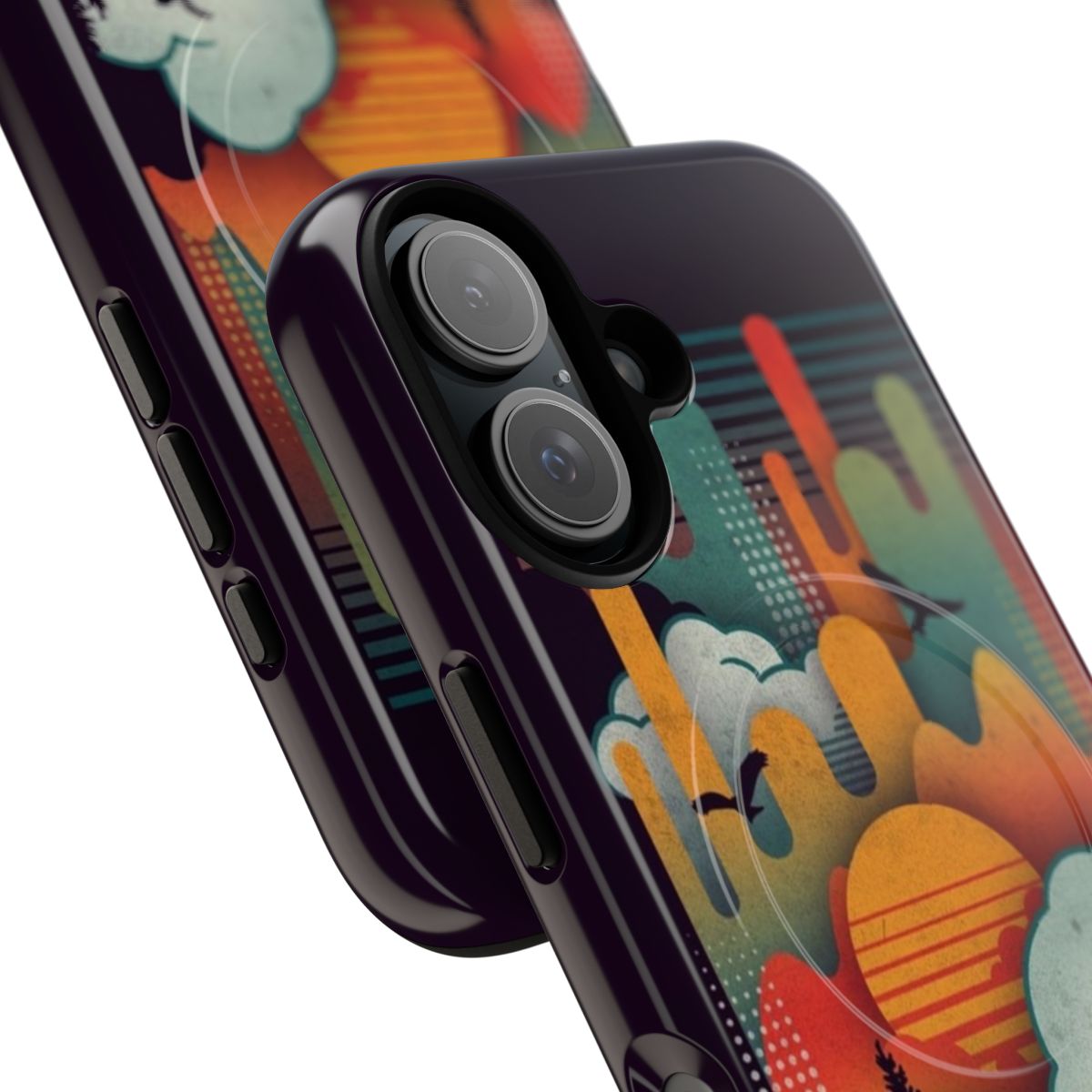 A silhouetted nature scene depicting a sunrise or sunset, showcased on a magnetic phone case. - Detail