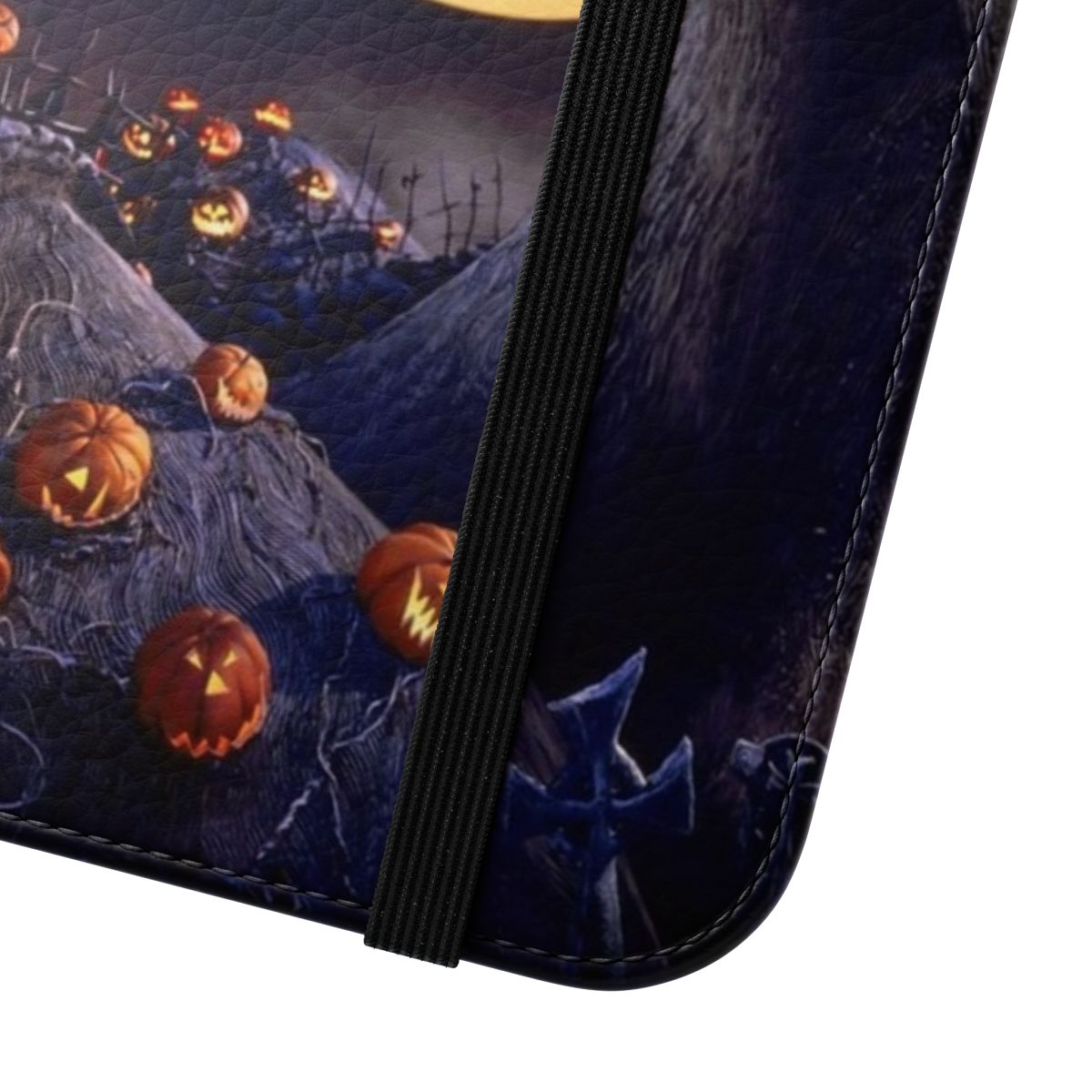 A flip cover phone case featuring the iconic characters and imagery from the beloved film The Nightmare Before Christmas. - Close Up