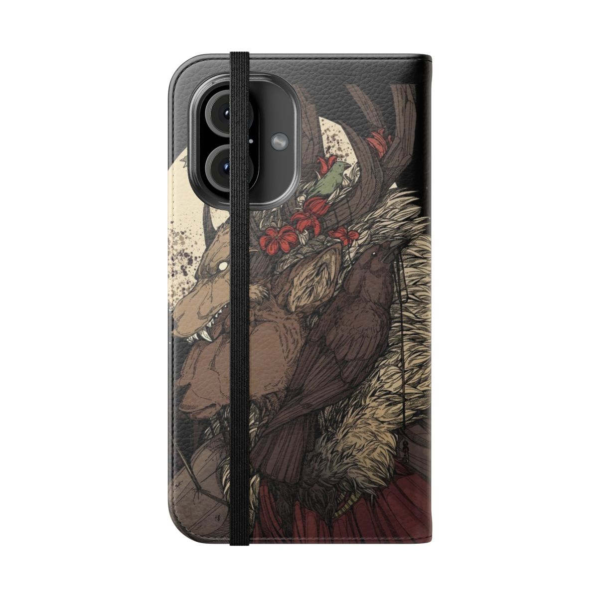 Artistic ink drawings of wildlife animals like elk, deer, stag, wolf, crow, and raven on a phone case - Folded Front