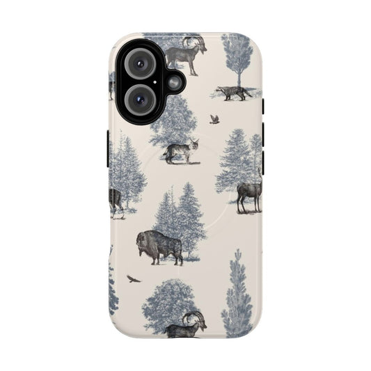 A collage of winter-themed wildlife illustrations including a fox, goat, bear, and other forest animals on a phone case.