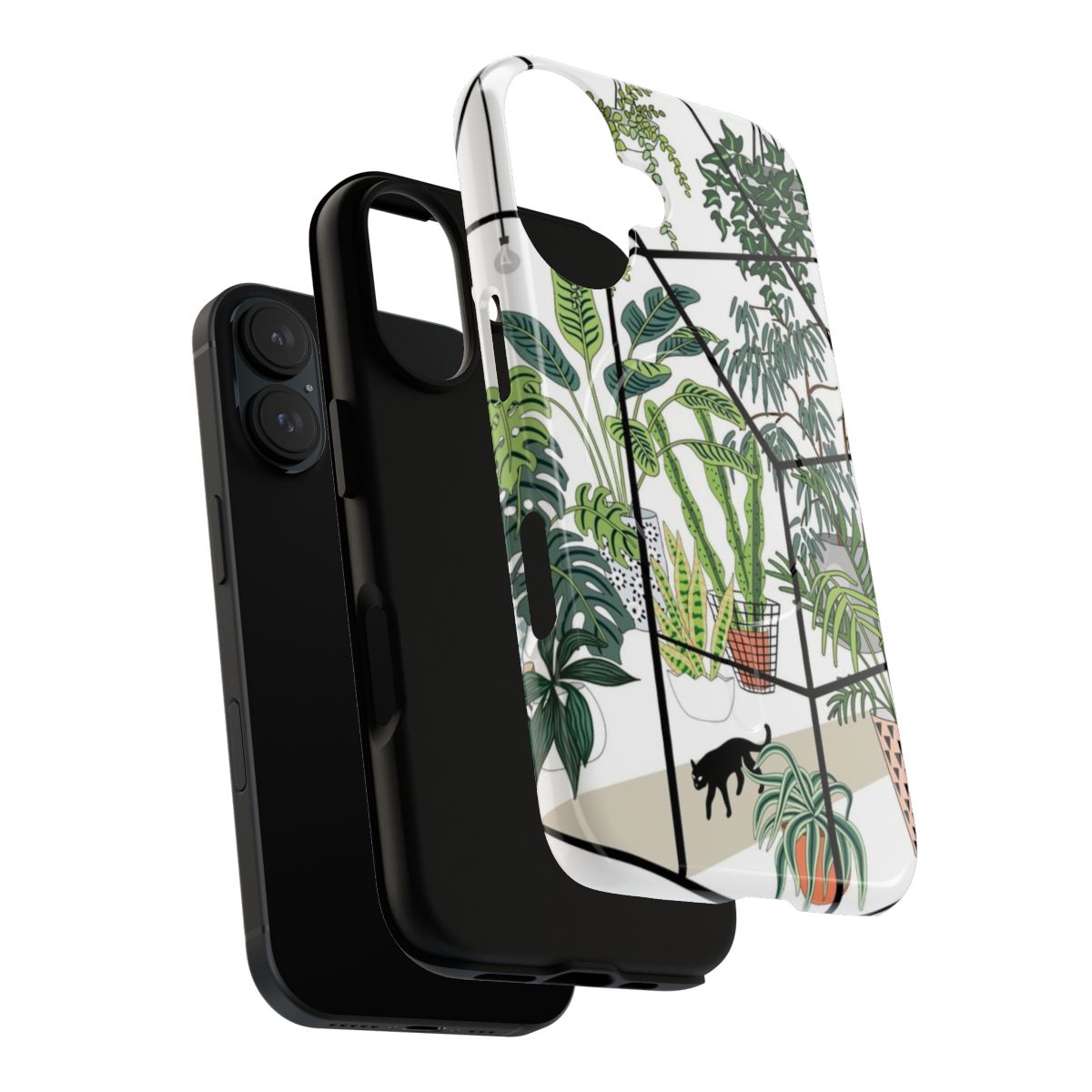 A magnetic protective phone case with a greenhouse and plant motif design. - Layers