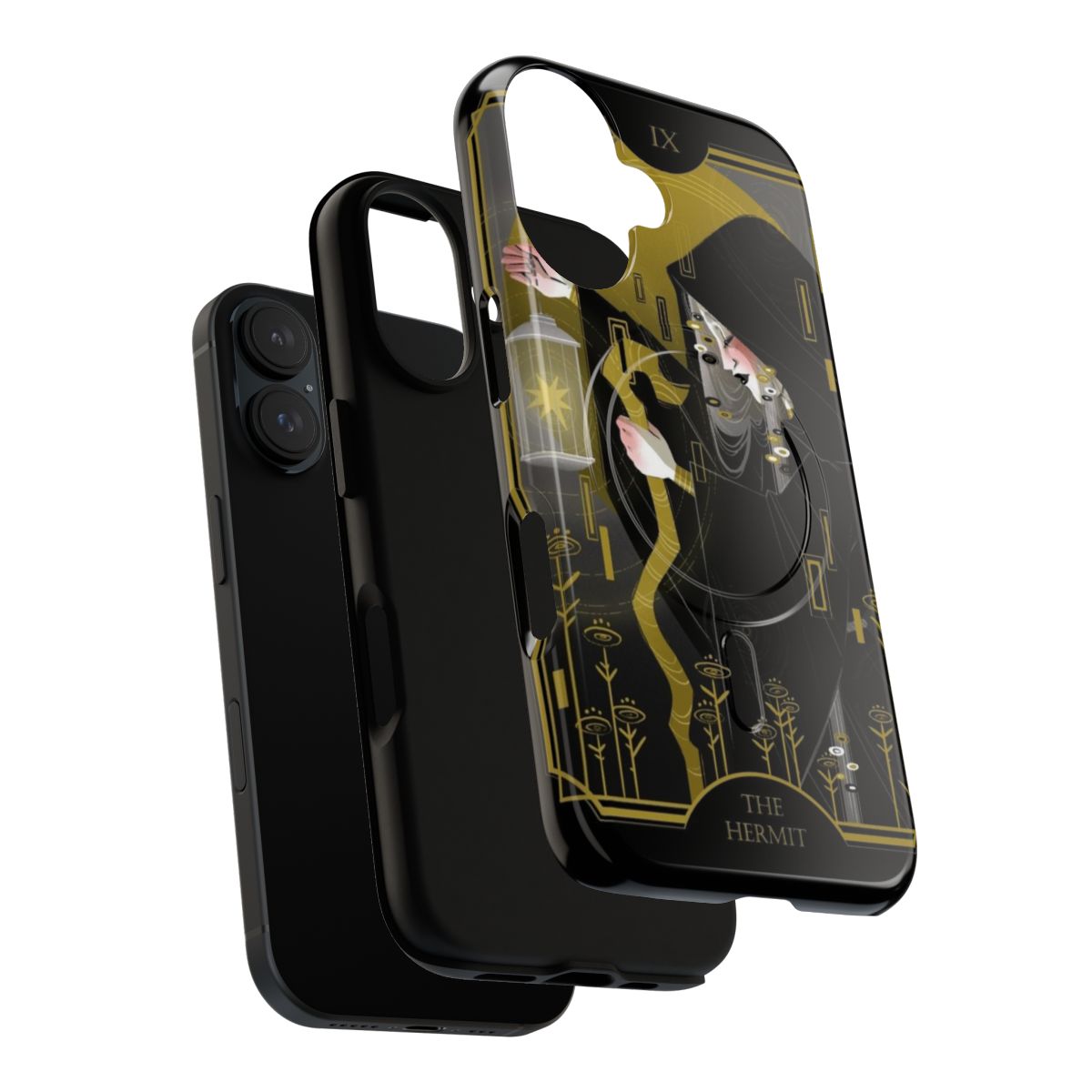 Artistic phone case featuring the Hermit tarot card in a gold and black art nouveau design. - Layers