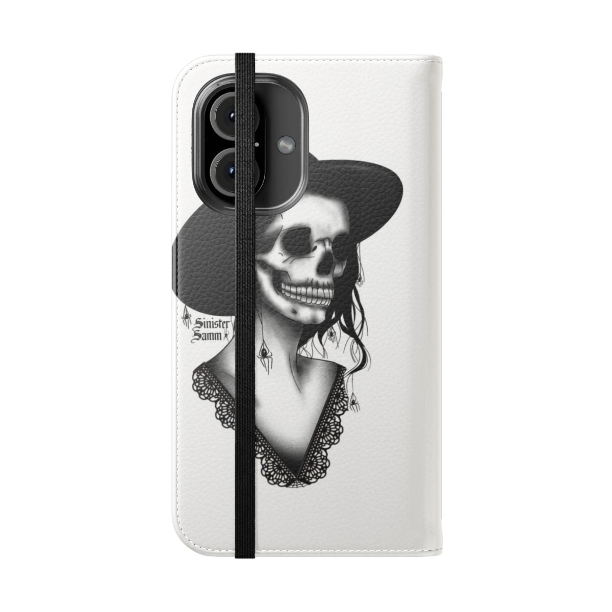 Lacey bones flip cover phone case with gothic, victorian, and spooky design - Folded Front