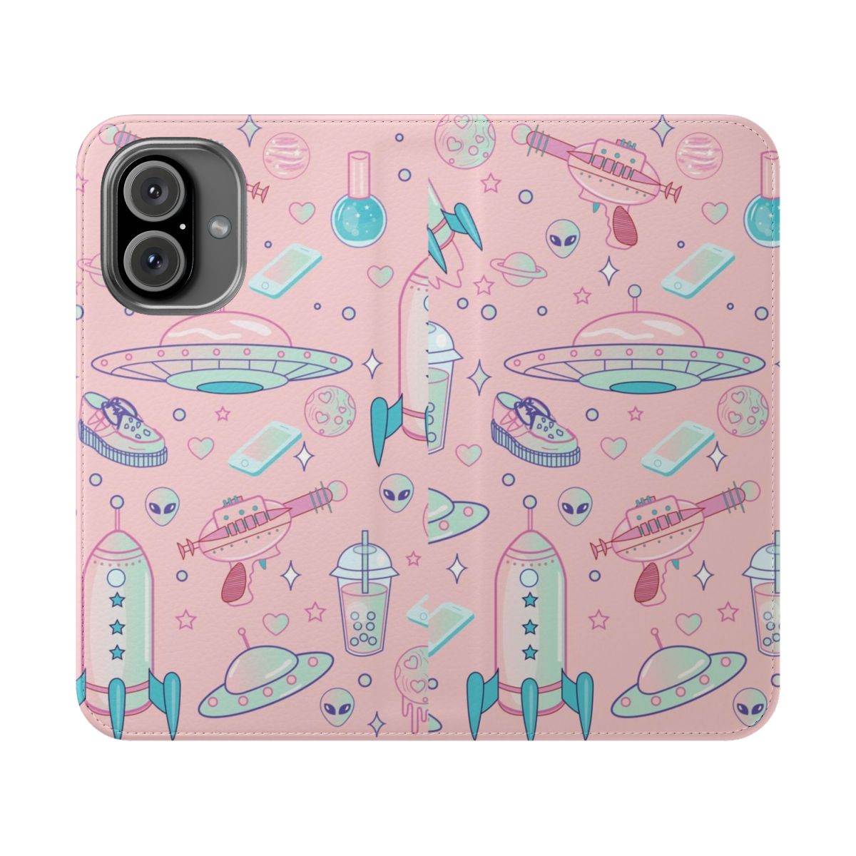 Pastel goth-inspired phone case with a cute galaxy and alien pattern design