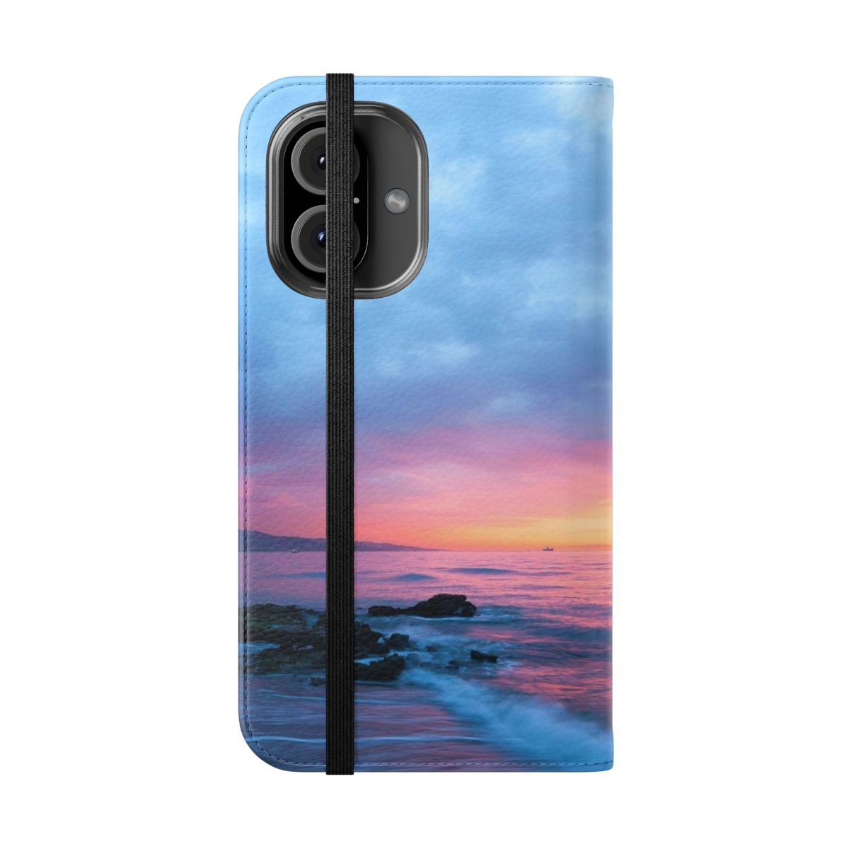 Tropical beach sunset phone case cover with pink and orange skies, ocean waves, and coastal scenery. - Folded Front