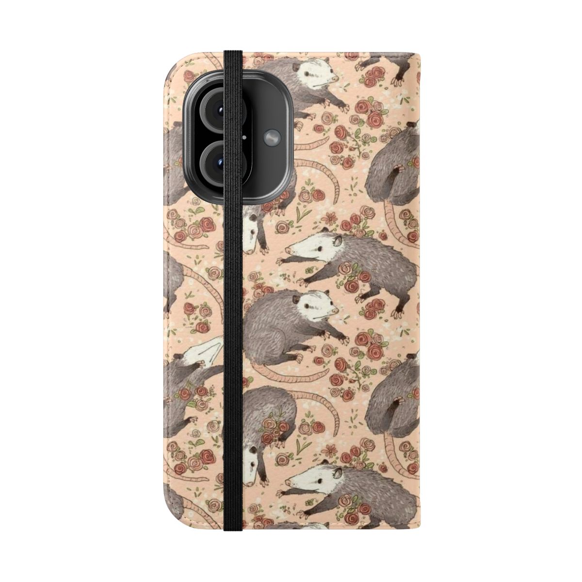 Whimsical and retro-inspired phone flip cover case featuring a cartoon possum design. - Folded Front