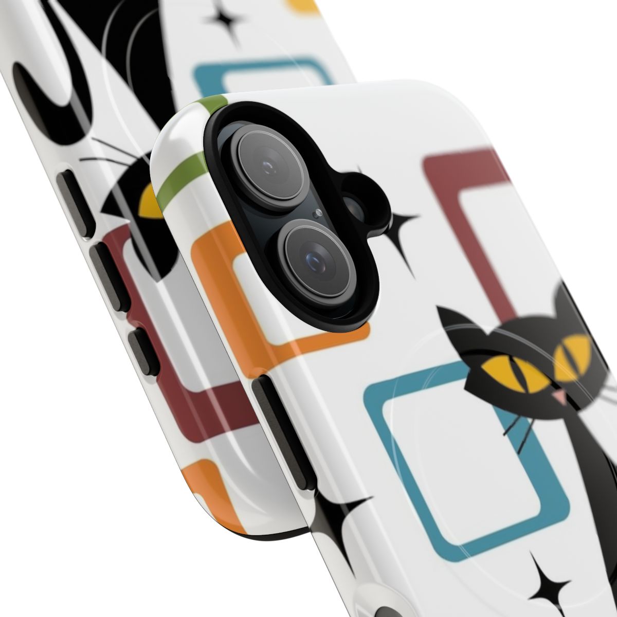 Mid century-style phone case featuring a colorful abstract black cat design - Detail