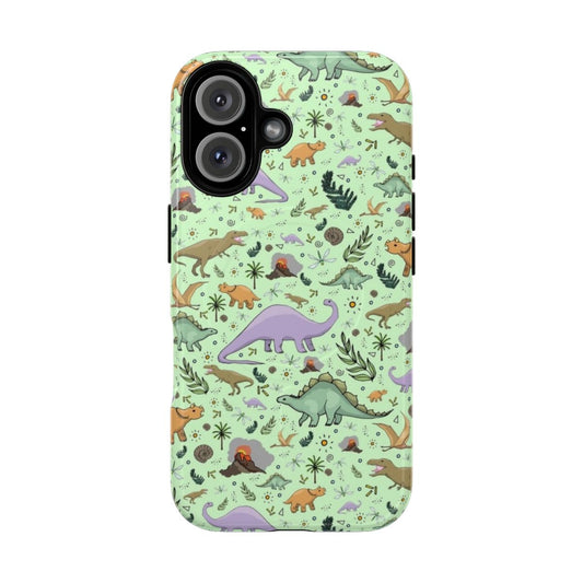 A green magnetic phone case featuring a colorful dinosaur pattern with various species like T-Rex, Triceratops, and Stegosaurus.