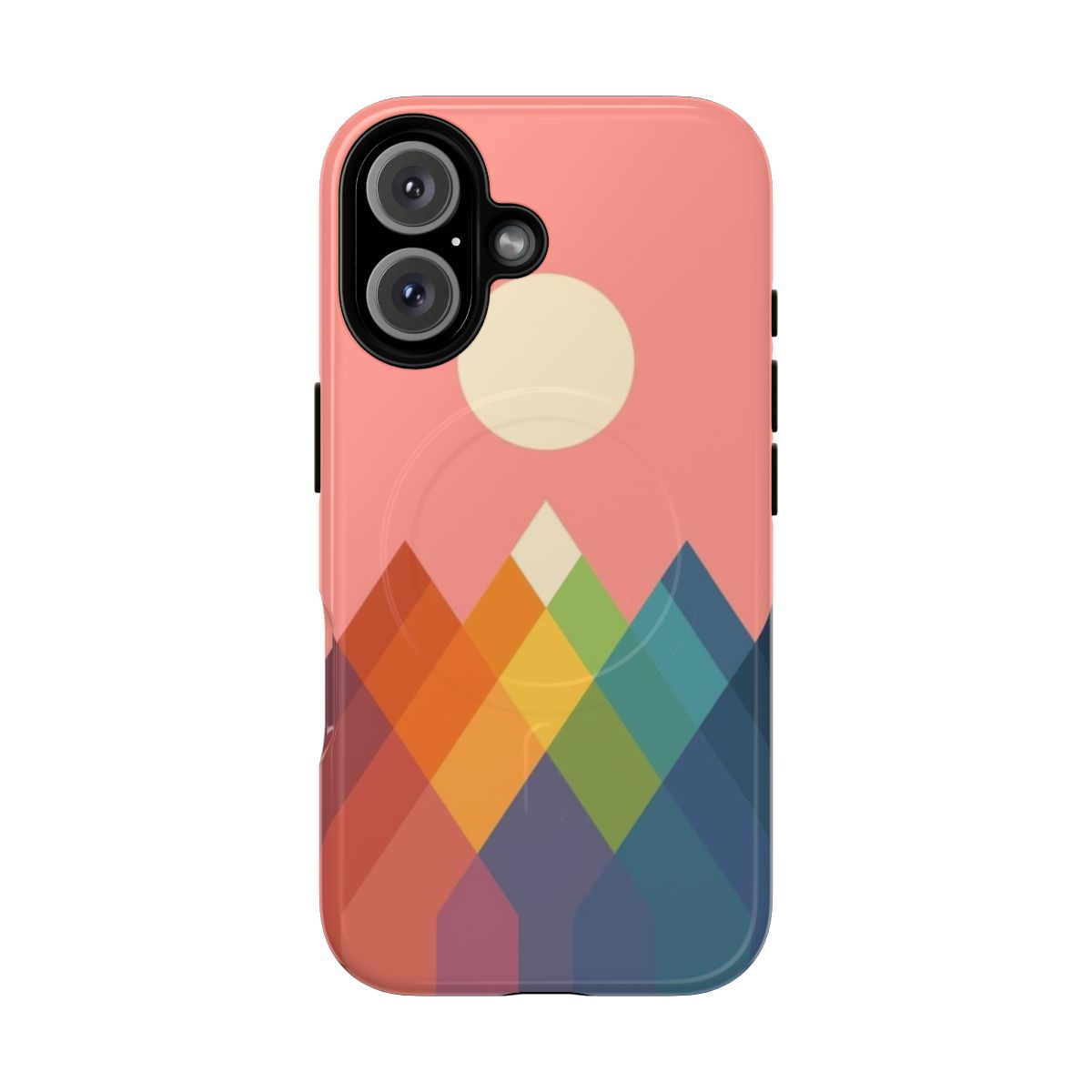 Colorful and geometric phone case design featuring a vibrant mountain landscape.