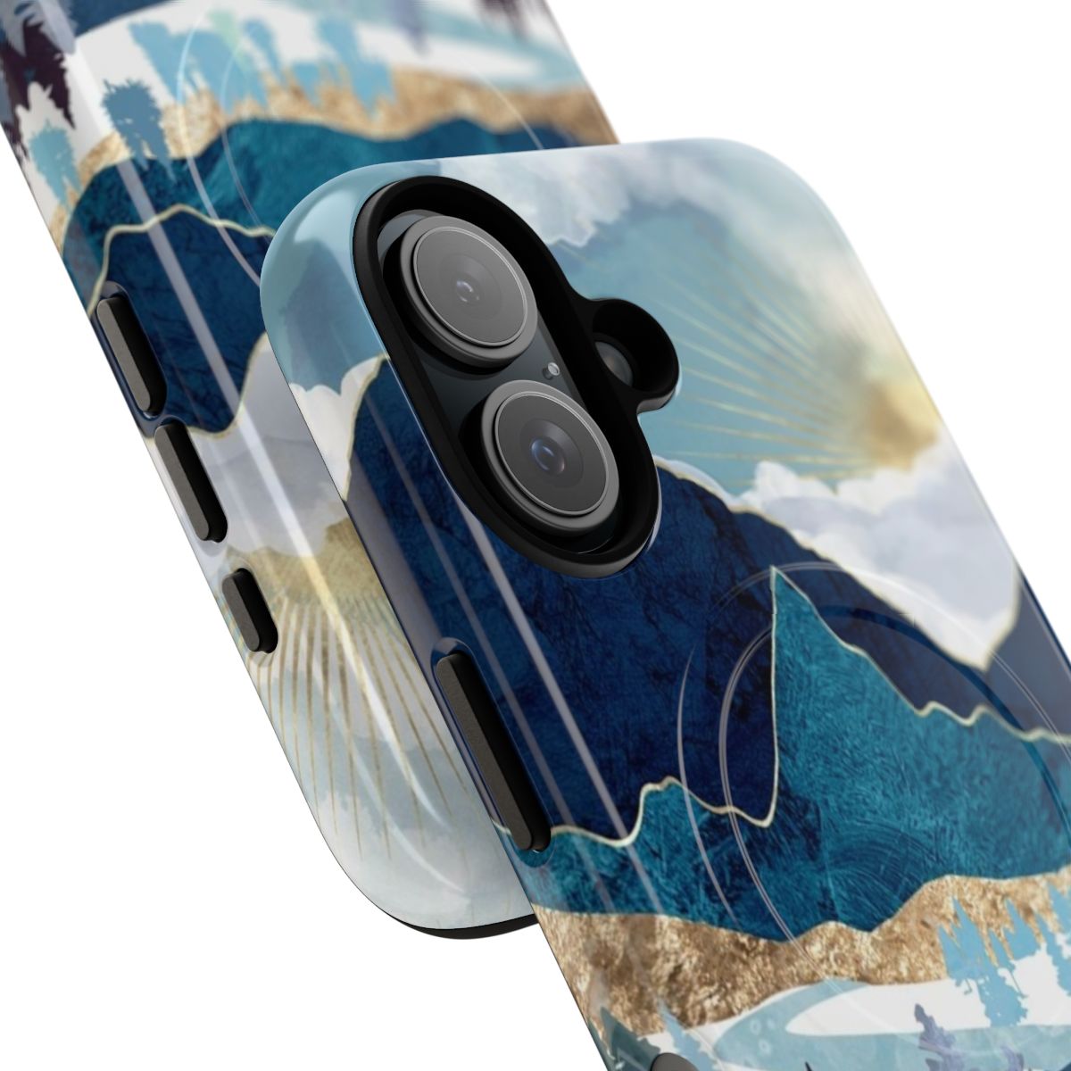 Colorful abstract landscape phone case featuring a sunrise over a valley with mountains, trees, and water. - Detail