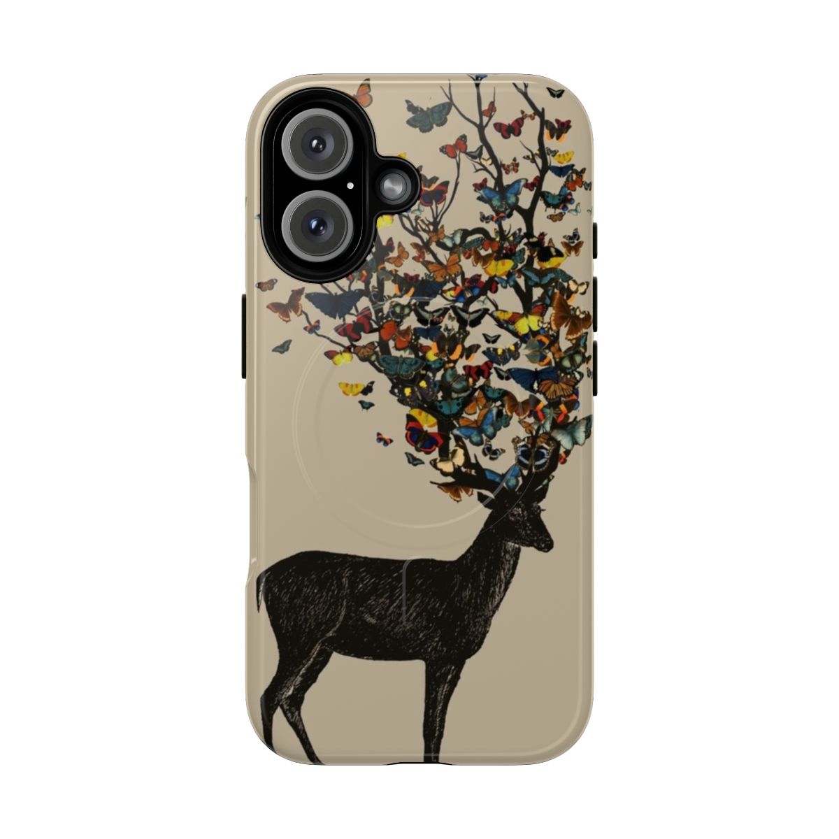 Colorful nature-themed phone case with a stag design