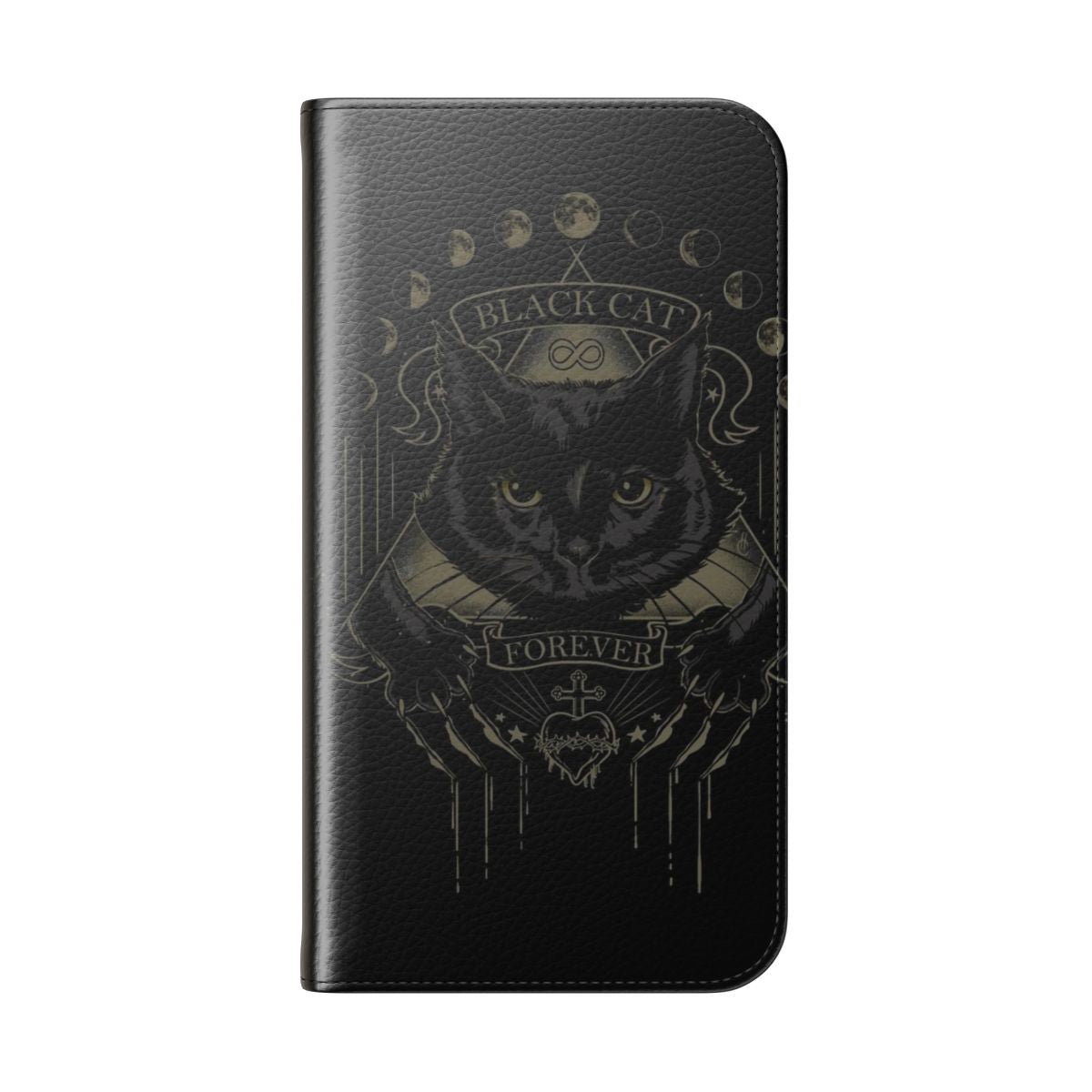 Black cat flip phone case with occult and witchcraft design - Folded Back