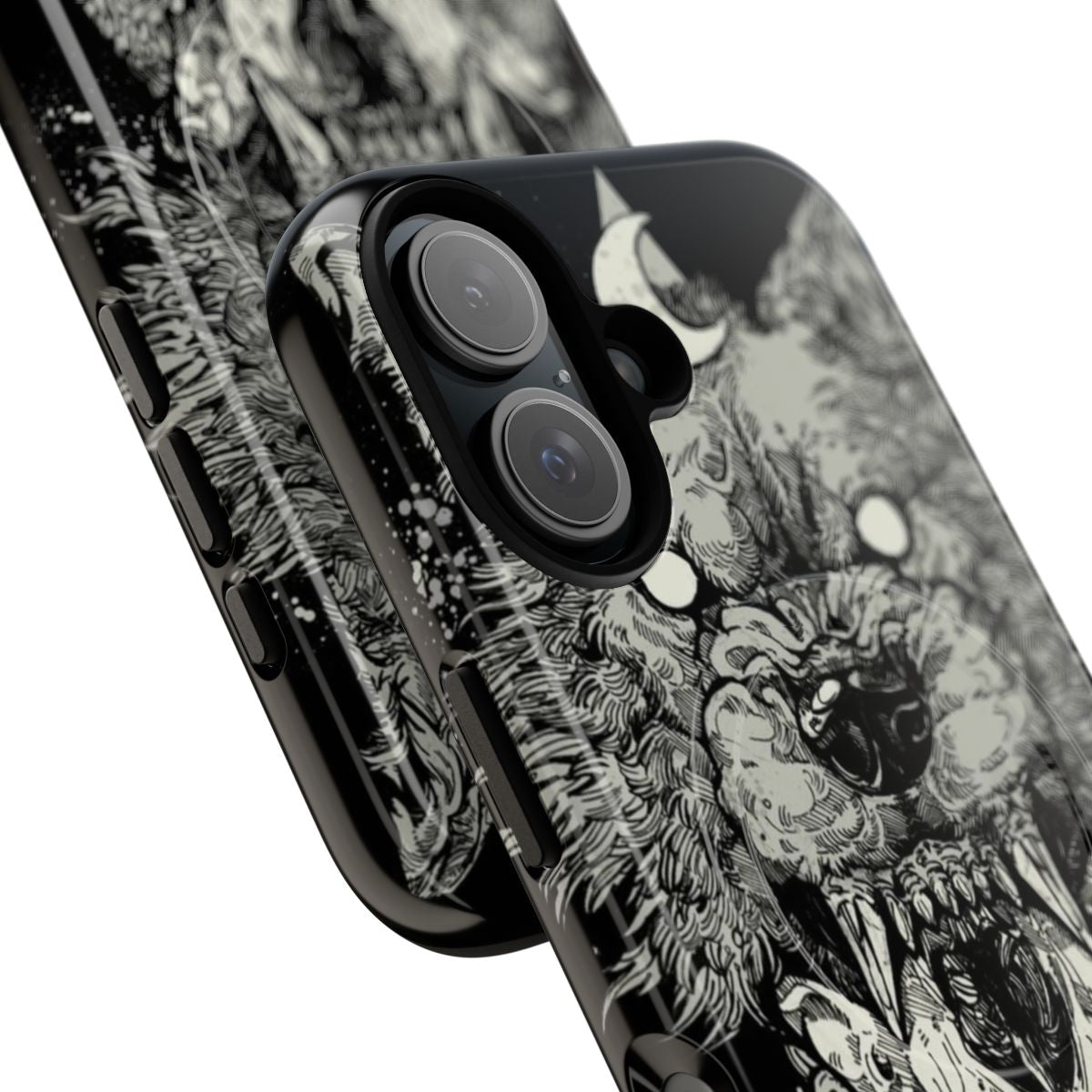 A black magnetic tough phone case featuring a wolf, werewolf, skull, and ink design - Detail