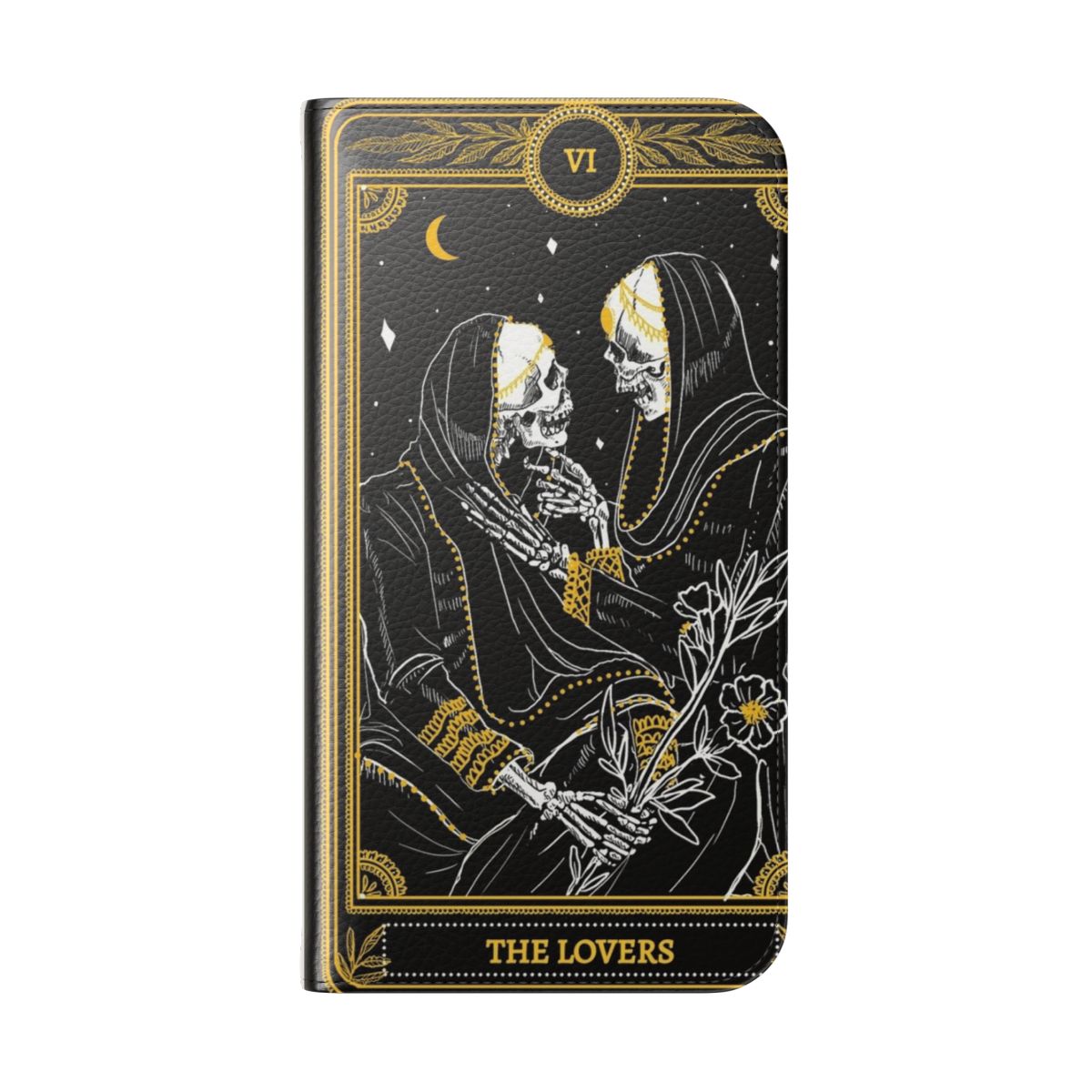 Dark Gothic Tarot Card Inspired Flip Phone Case with Skeleton Imagery - Folded Back