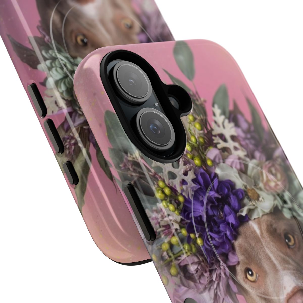 Pitbull dog wearing a flower crown on a phone case - Detail