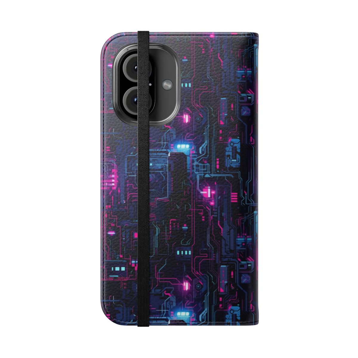 A futuristic and cyberpunk-themed flip cover phone case with sci-fi design elements. - Folded Front