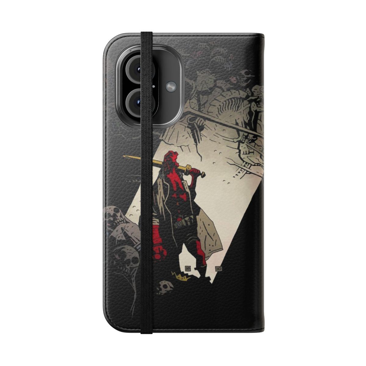 Flip cover phone case featuring Hellboy and Excalibur-inspired artwork on a dark background. - Folded Front