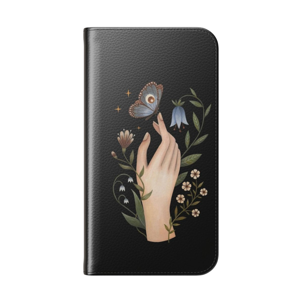 Hand painted phone case with floral and butterfly design in nature-inspired colors - Folded Back