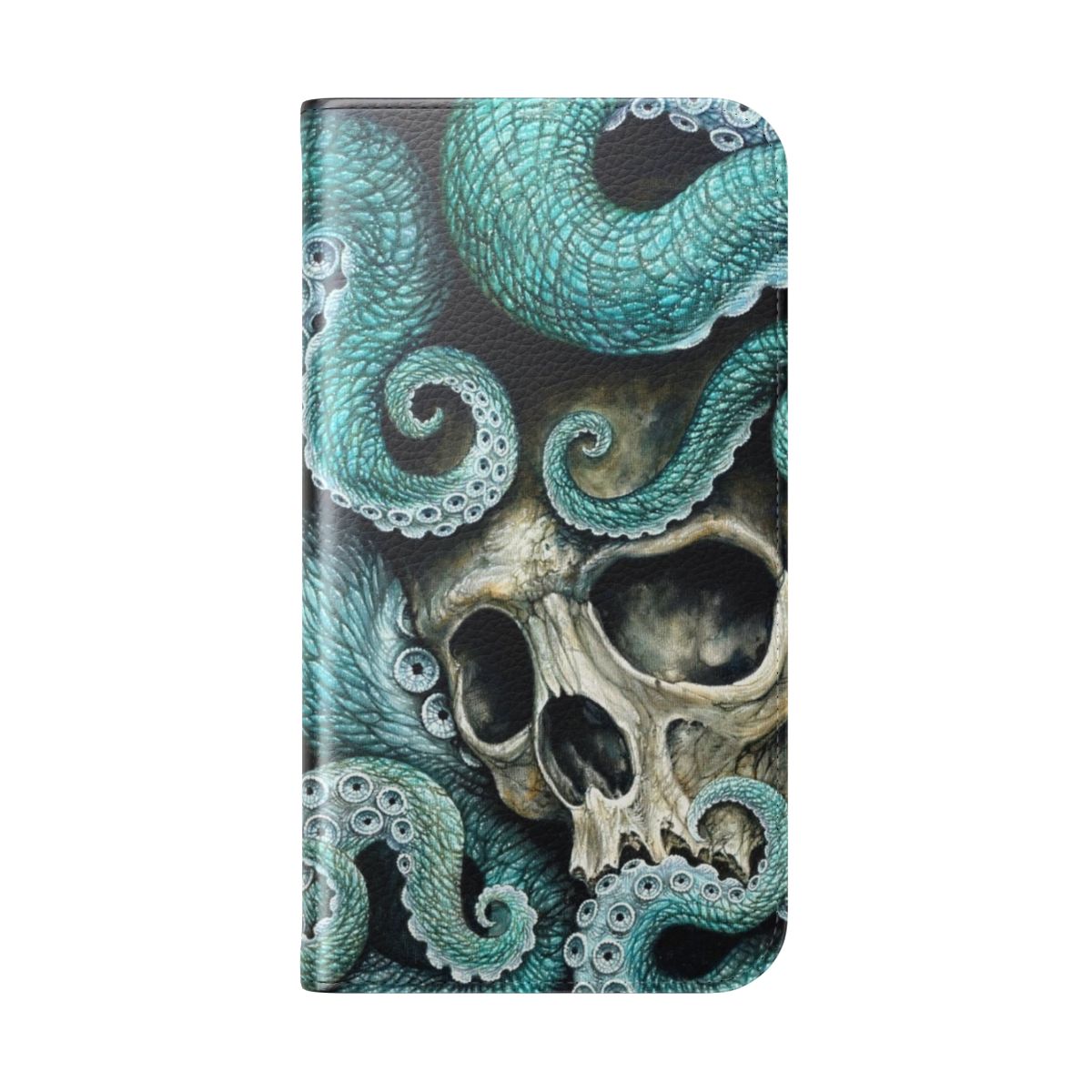 Flip cover phone case featuring a dark, moody oil painting of a skull and octopus tentacles. - Folded Back