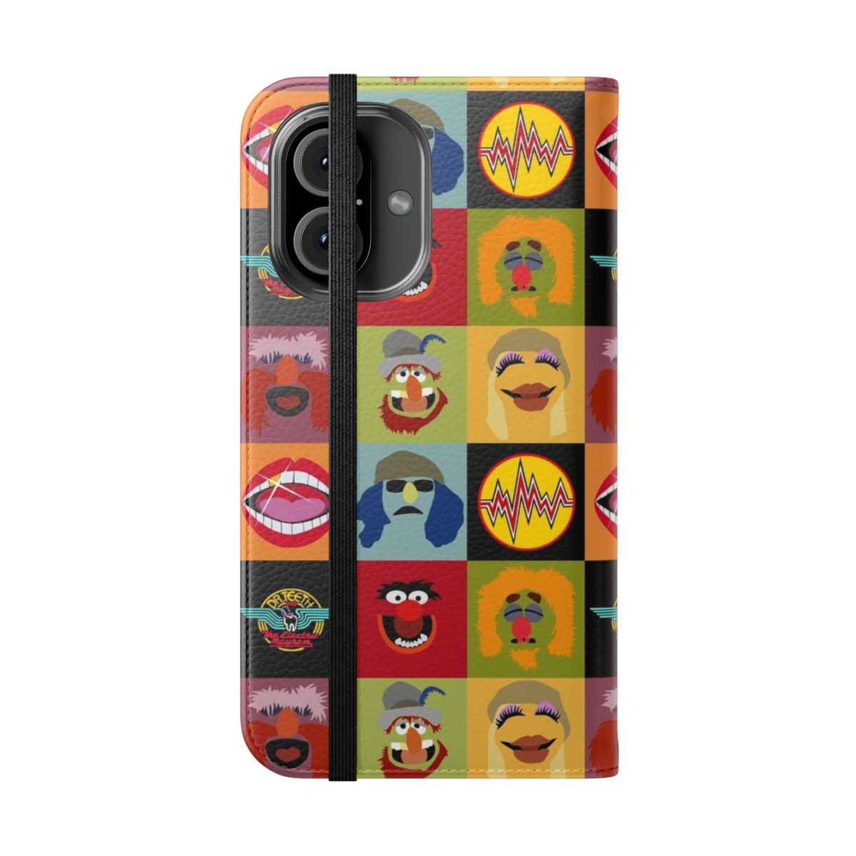 Colorful Muppets-inspired phone case with flip cover featuring animal characters like Miss Piggy, Kermit the Frog, and Bert and Ernie - Folded Front