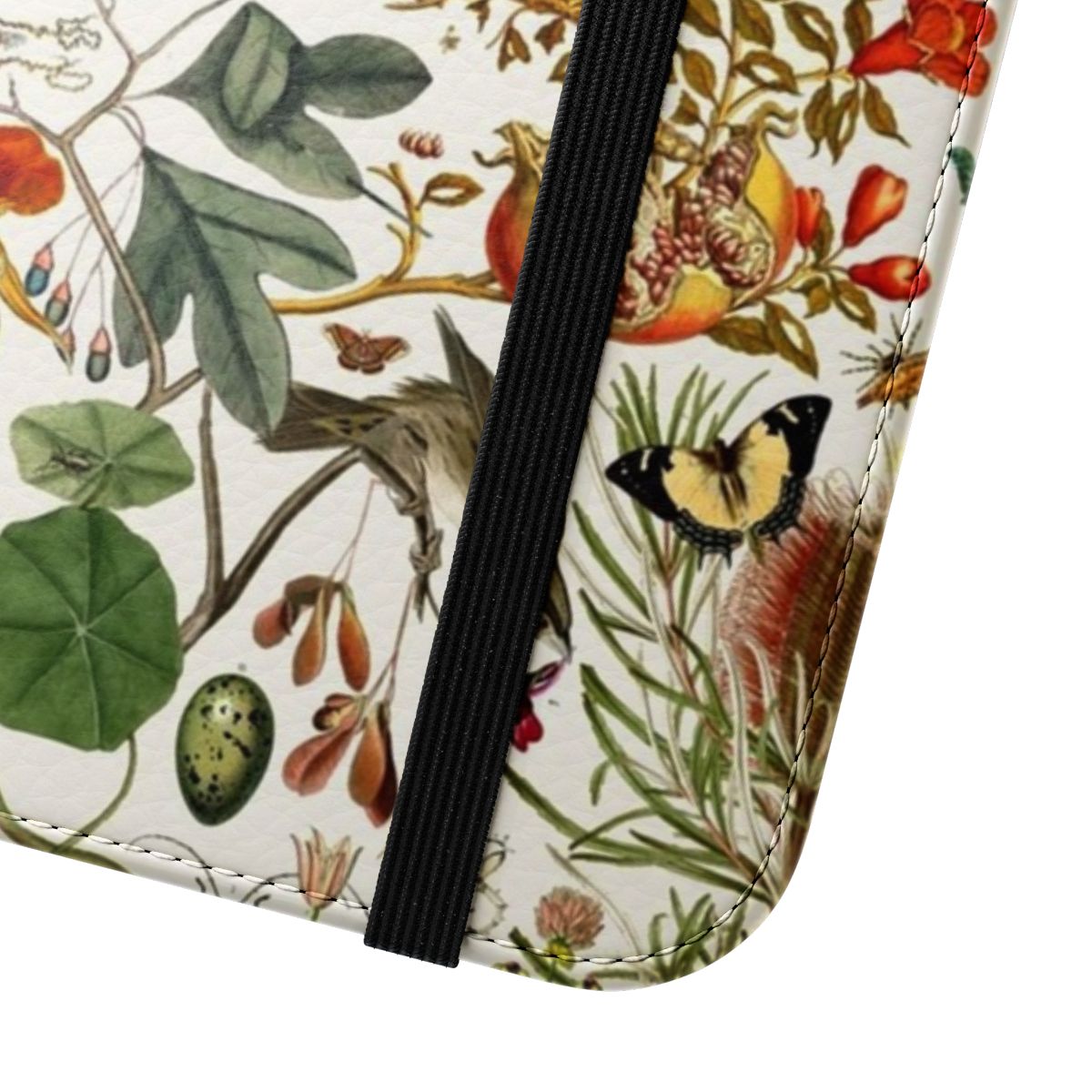 Nature-inspired flip cover phone case with detailed illustrations of butterflies, birds, and plants - Close Up