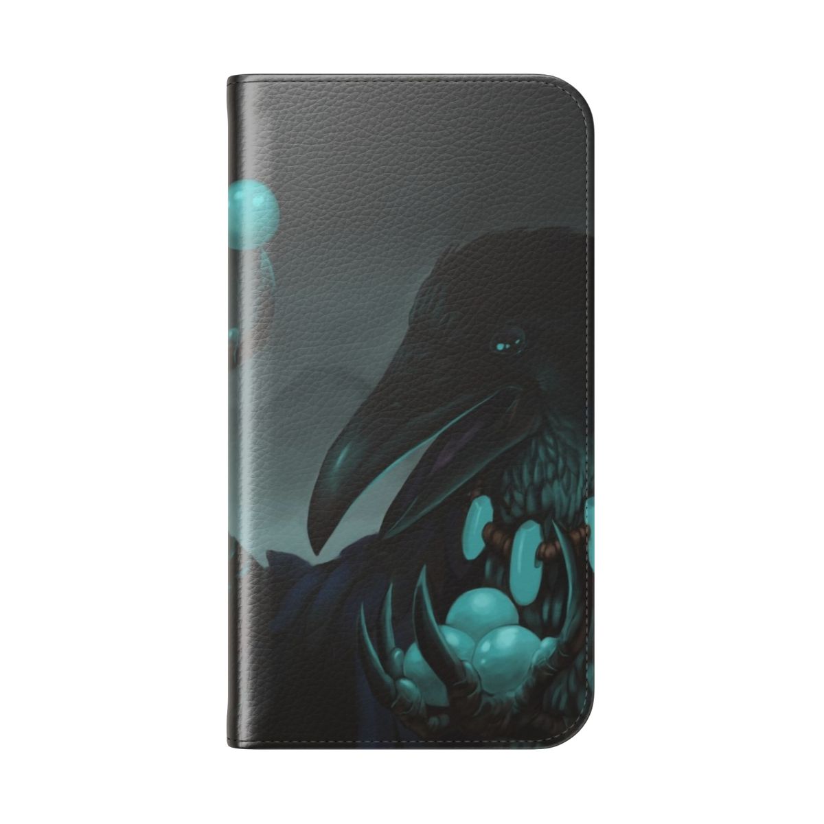 Flip cover phone case with a fantasy art design featuring a mysterious crow or raven against a dark, stormy background. - Folded Back